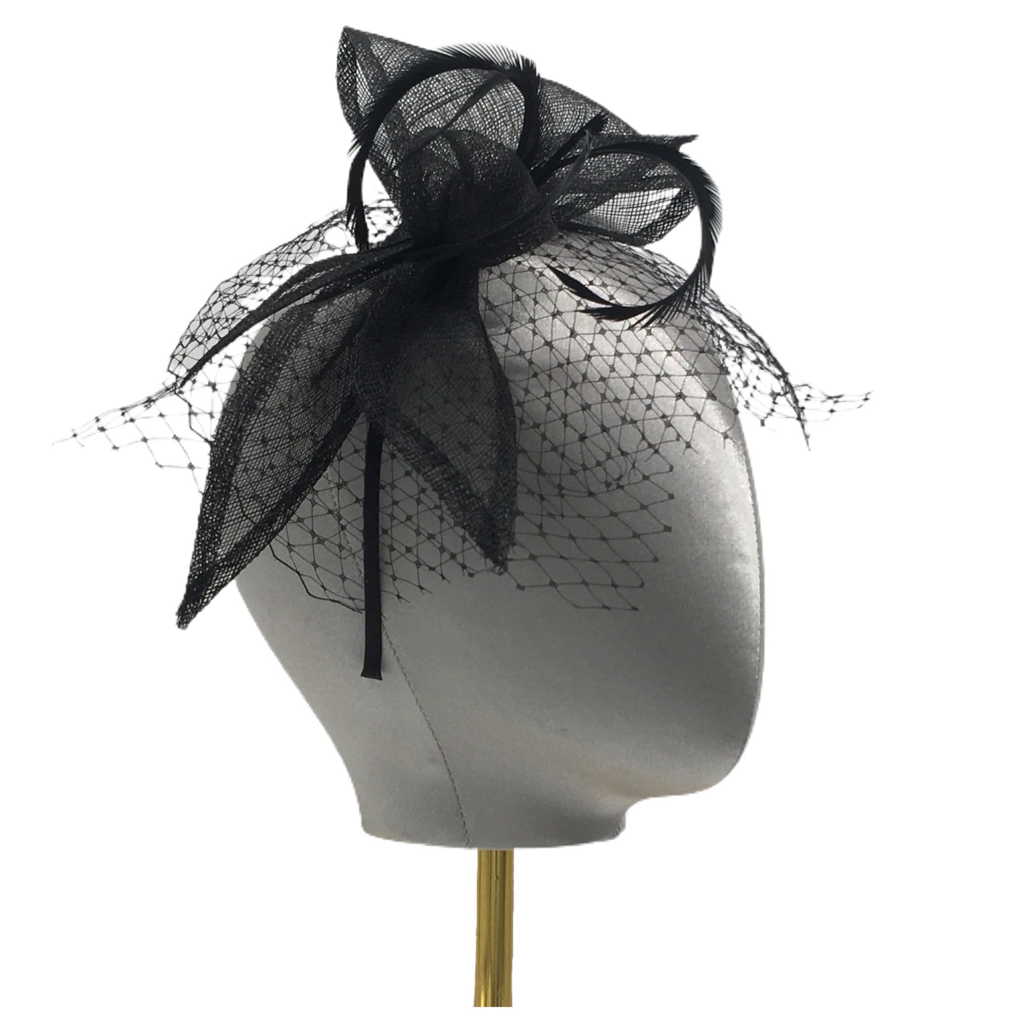 Black Bow Fascinator Hat with Veil & Feathers