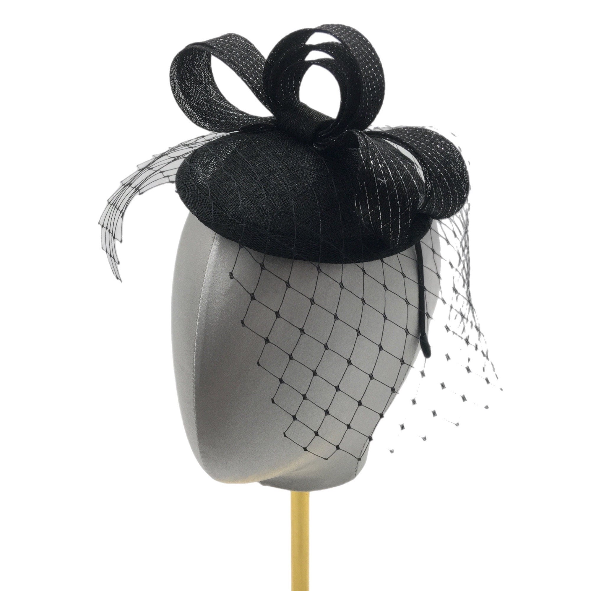 Sophisticated Black Tea Party Hat with Bow and Veil Detail