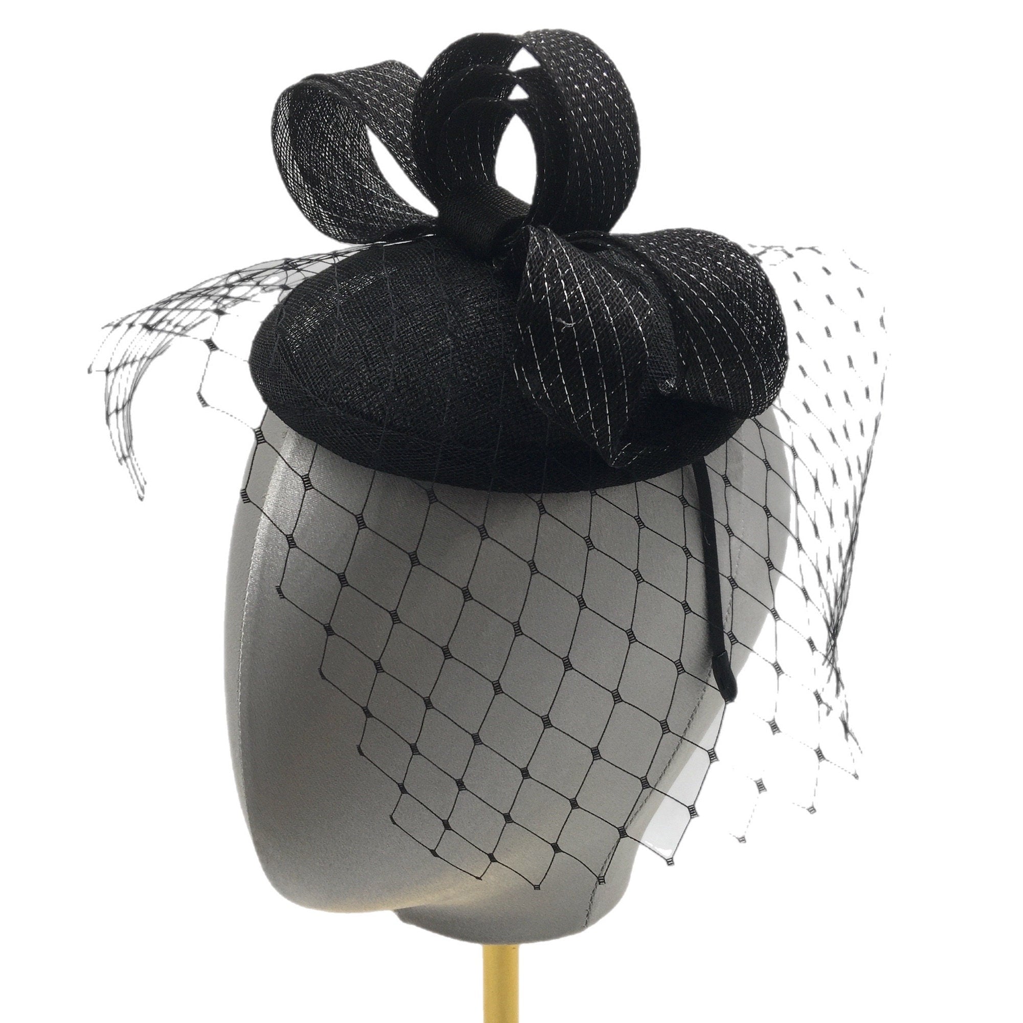 Sophisticated Black Tea Party Hat with Bow and Veil Detail