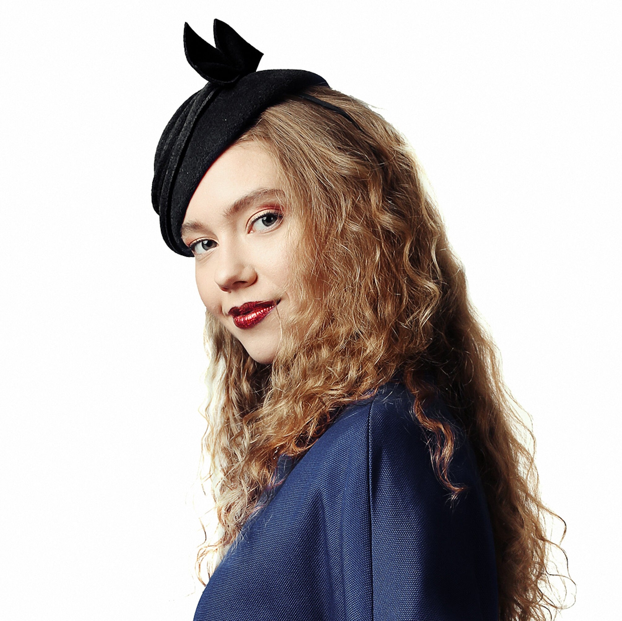 Black Fascinator Fur Felt Elegant Winter Hat