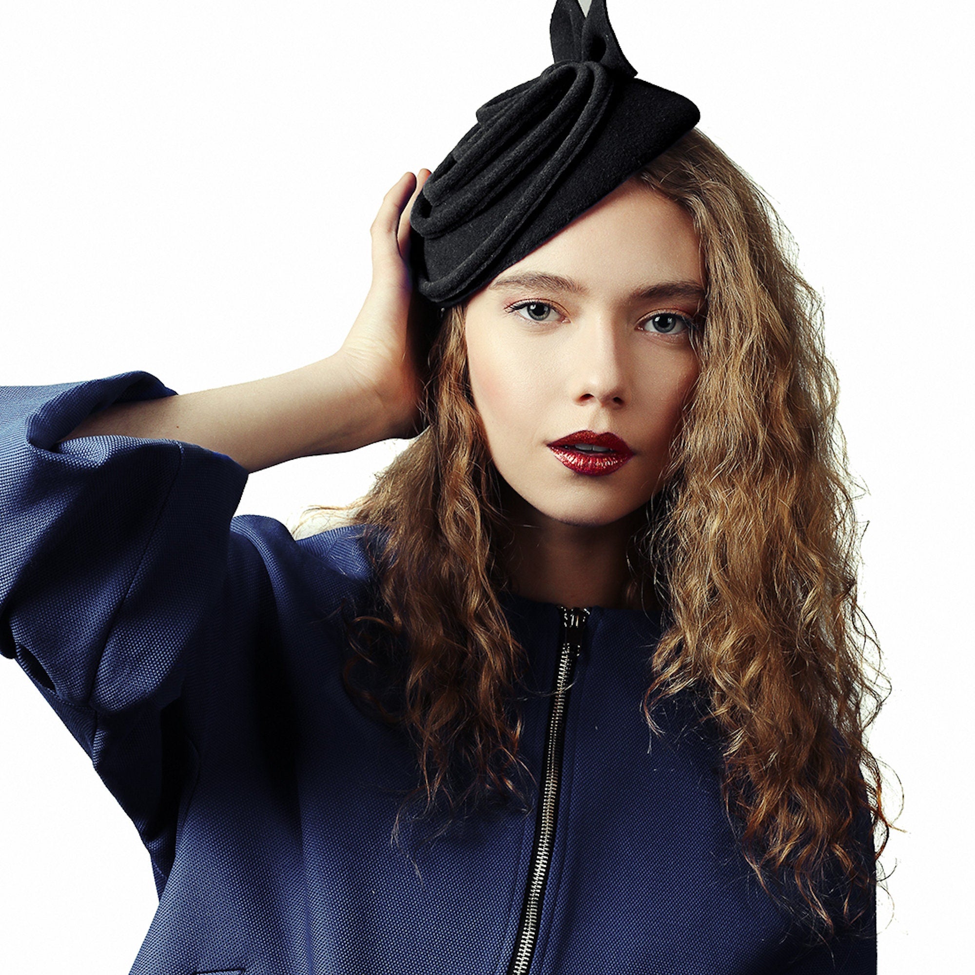 Black Fascinator Fur Felt Elegant Winter Hat