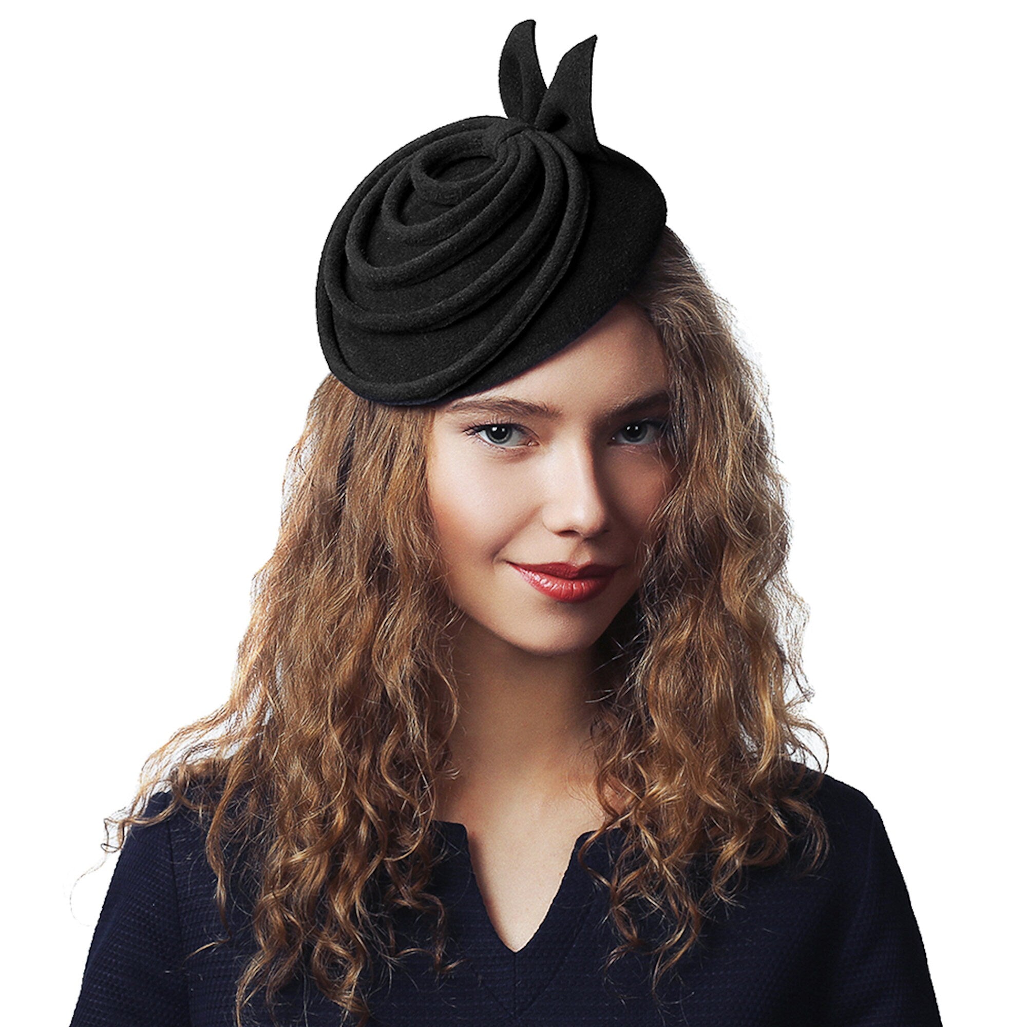 Black Fascinator Fur Felt Elegant Winter Hat