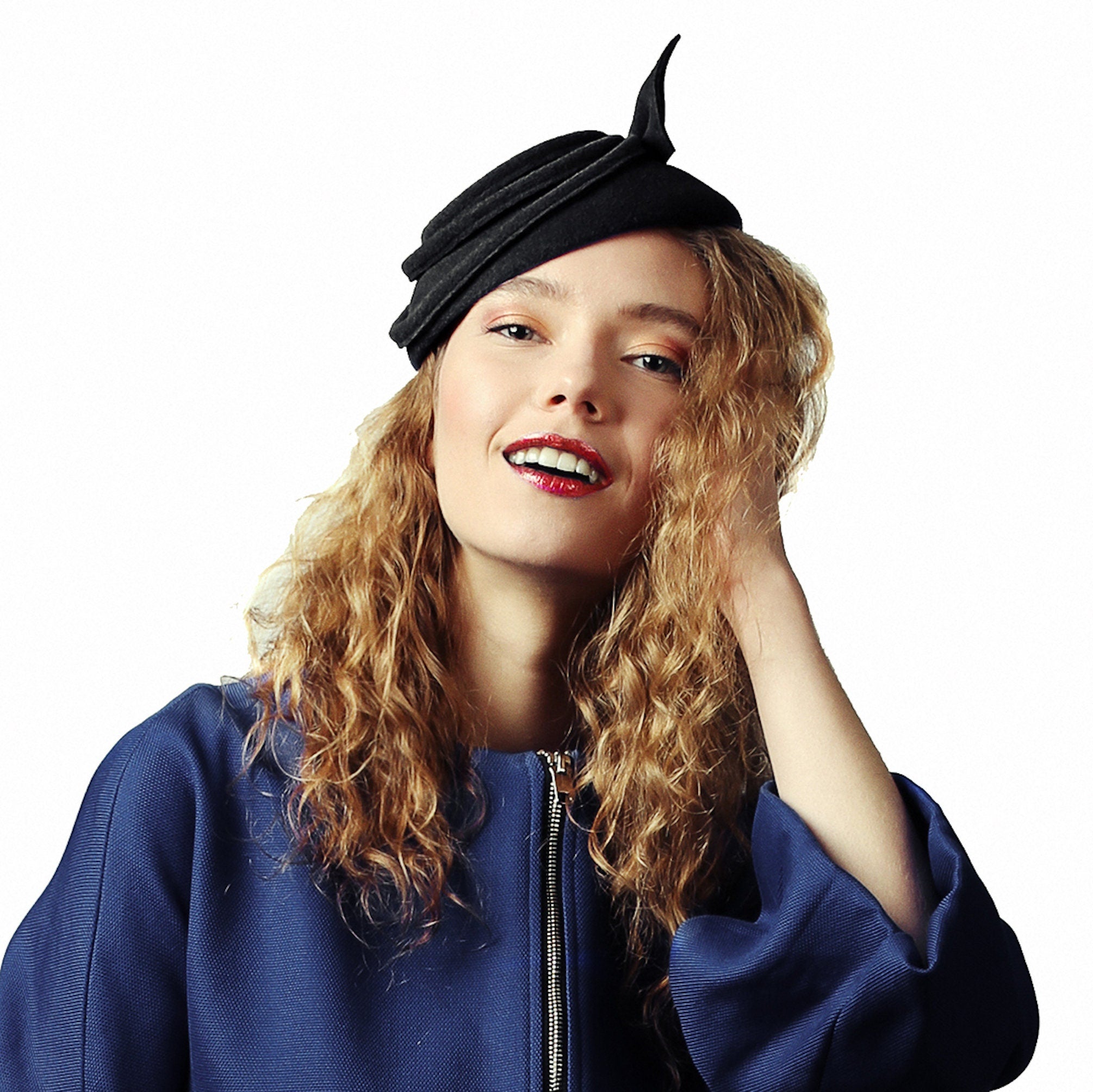 Black Fascinator Fur Felt Elegant Winter Hat