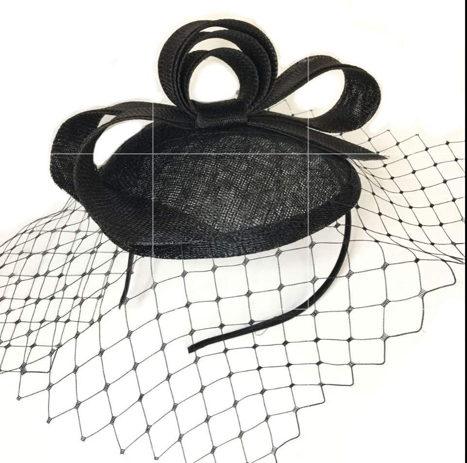 Sinamay black  fascinator headband with bow&veil Derby Tea party hat - DivaHats Boutique