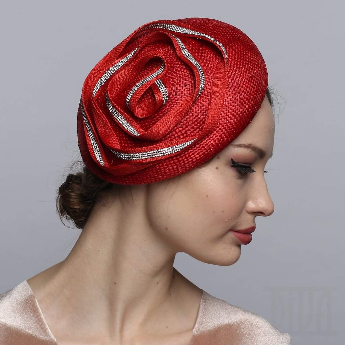 Small beret headband with shiny flower trim perfect tea party derby wedding hat - DivaHats Boutique