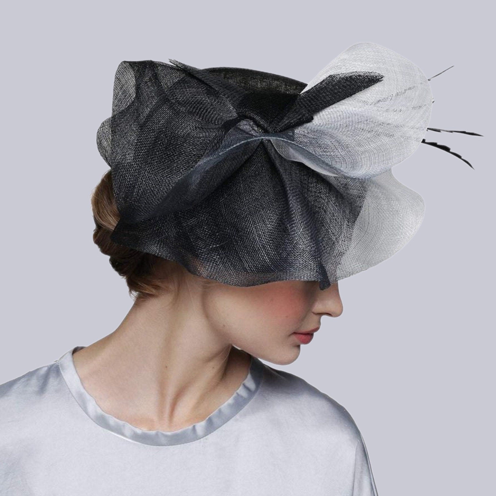 Black & White Sinamay Fascinator Kentucky Derby, Tea Party, Wedding Headwear