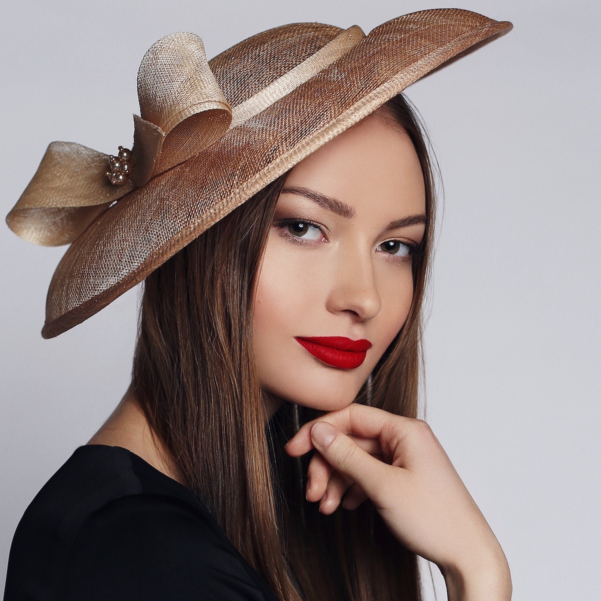 Pink Sinamay Hat with Double Floppy Brims and Flower