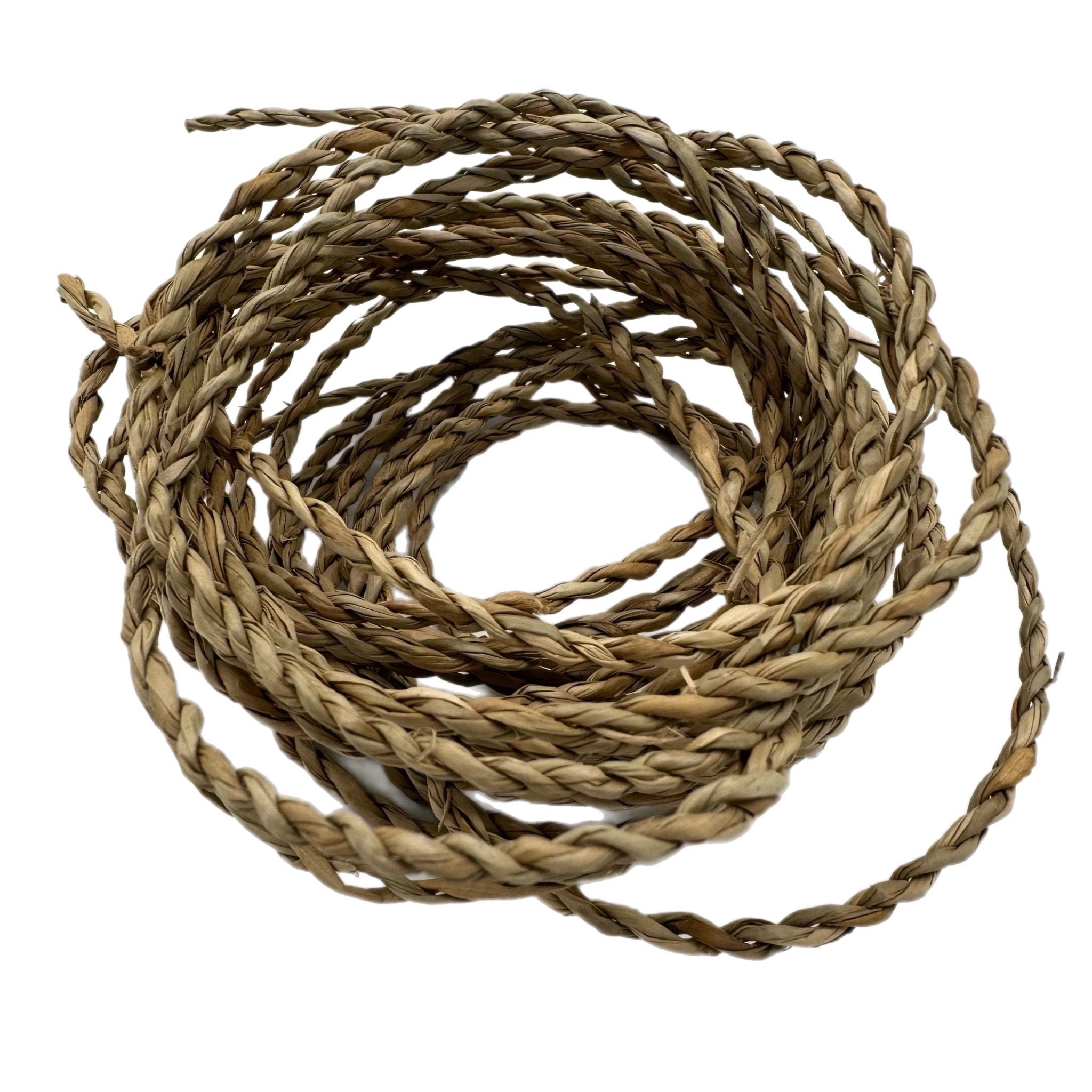 A close-up of a natural, brown, braided rope made from woven raffia straw. The rope is coiled in a circle and is approximately 1/2 inch thick.