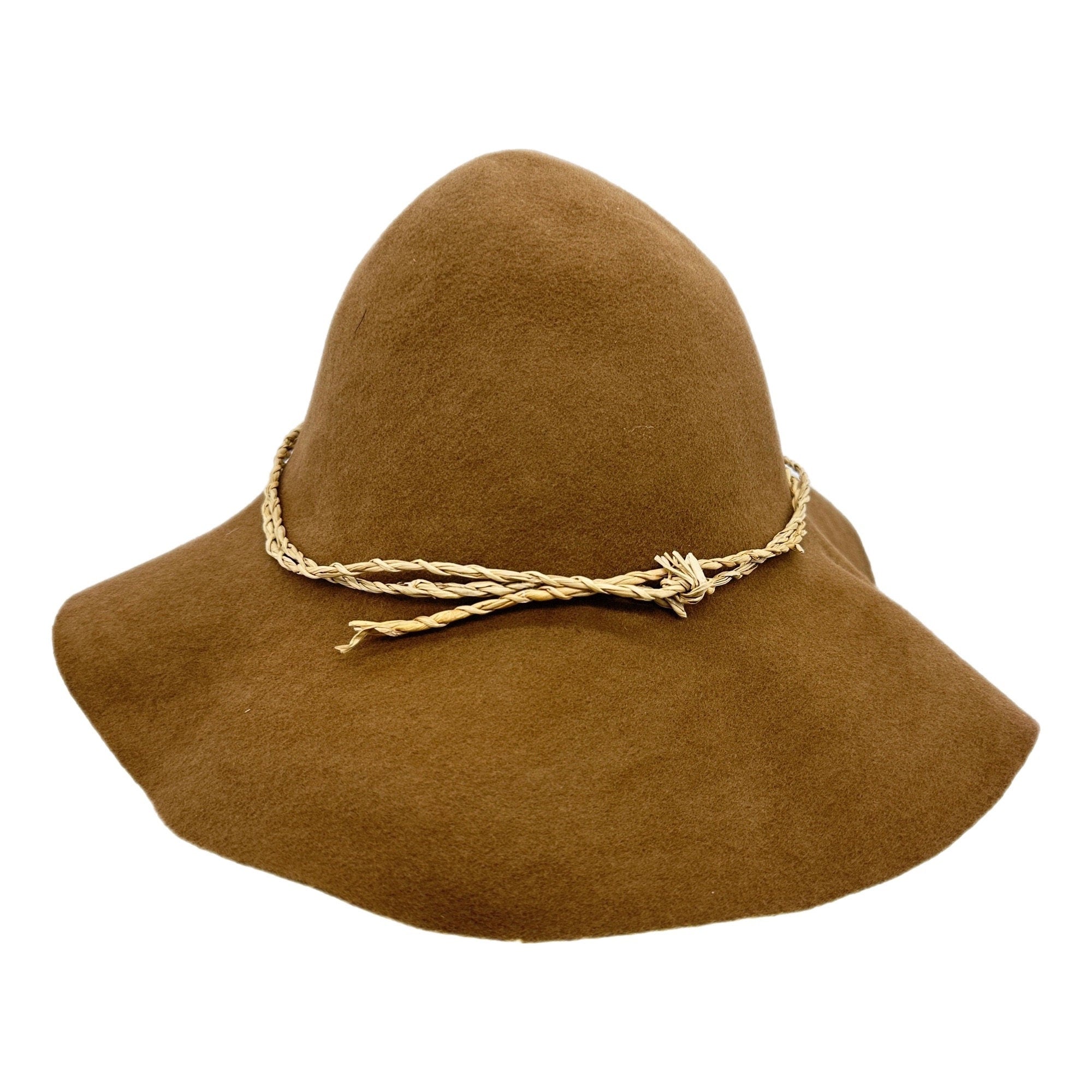 Beaver brown felt hat with a wide brim and a braided rope band.