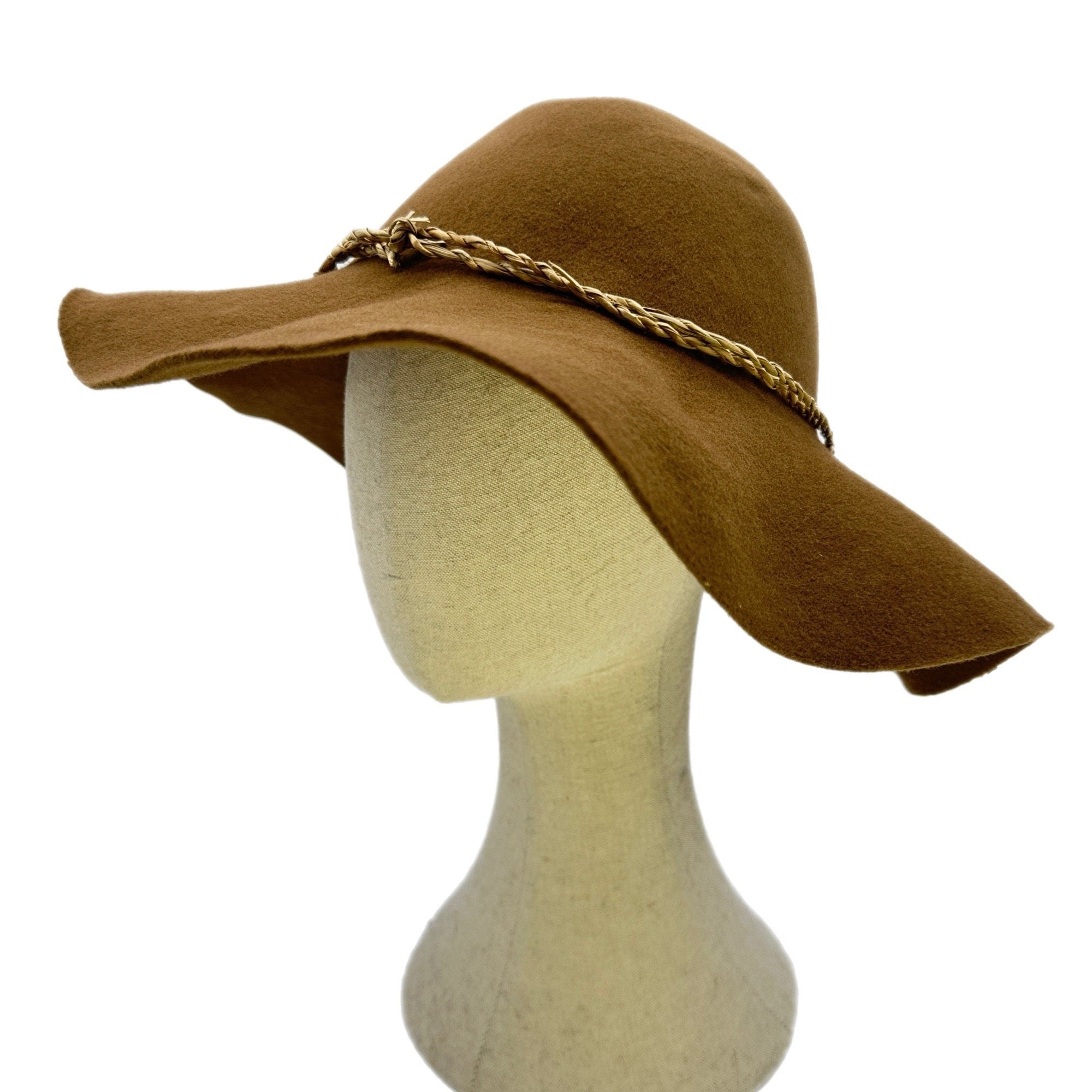 Beaver brown felt wide-brimmed hat with a braided rope trim.