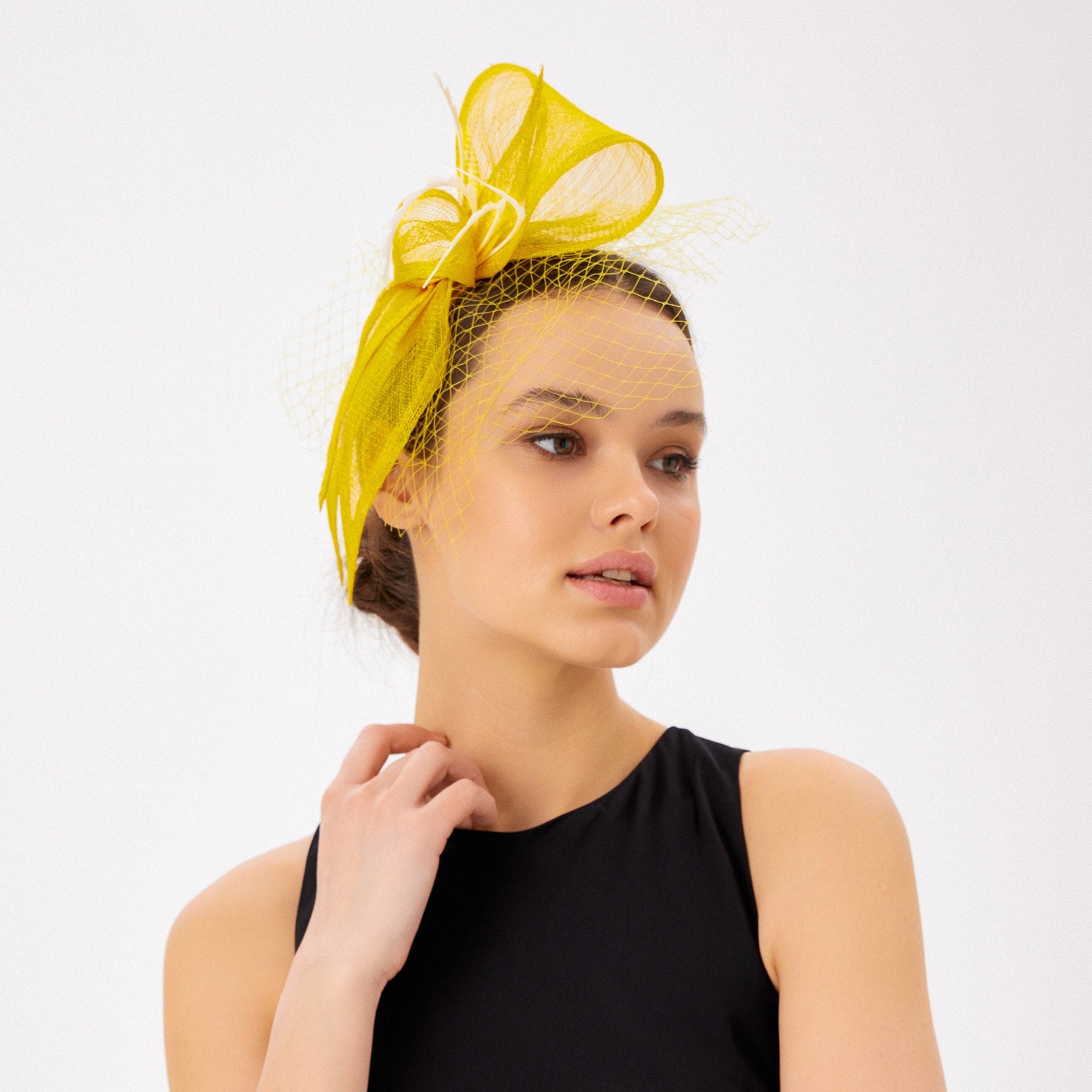 Yellow Bow Fascinator Hat with Veil & Feathers