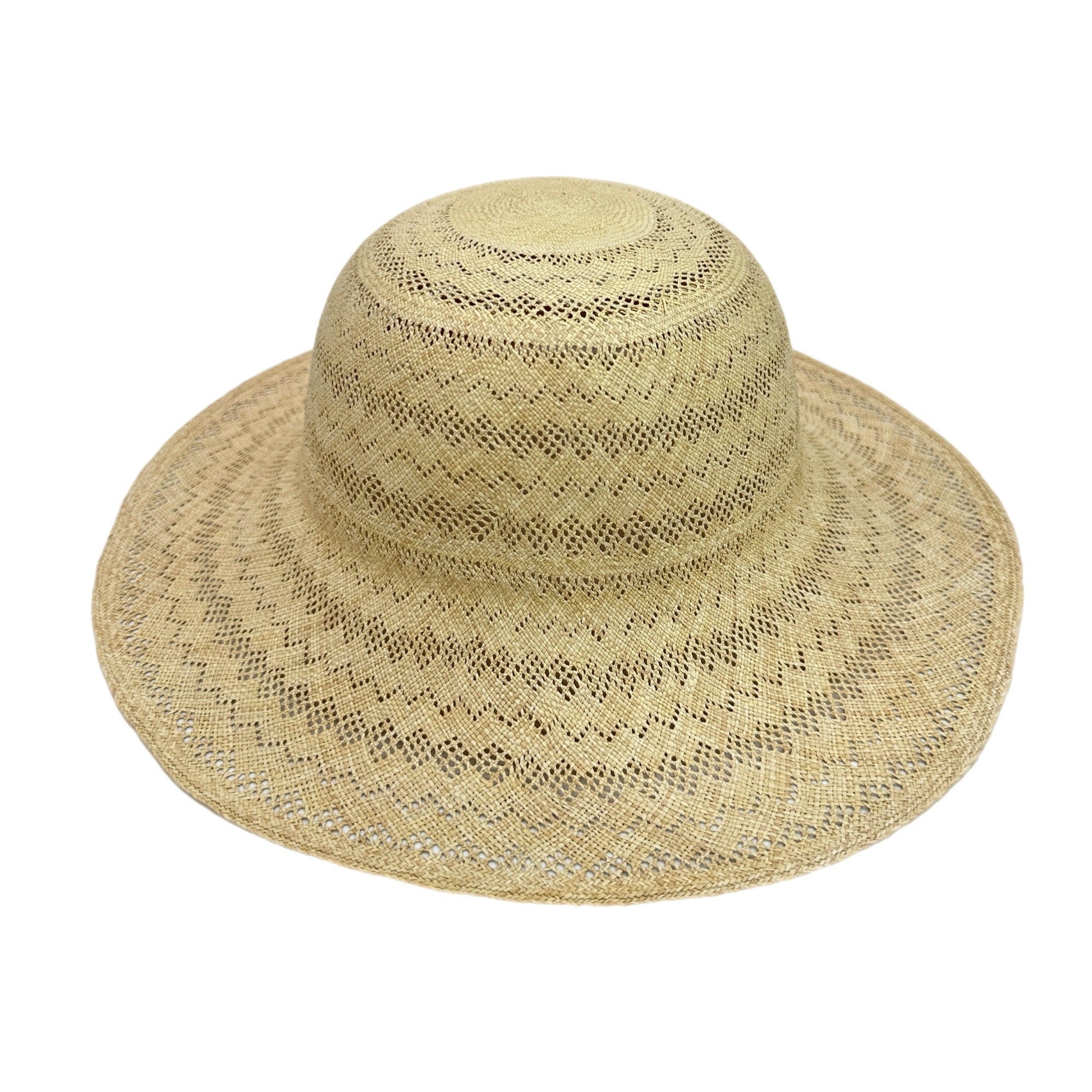 Panama straw hat body with a wide brim and a round crown. The hat has a delicate, intricate pattern woven into the straw.4