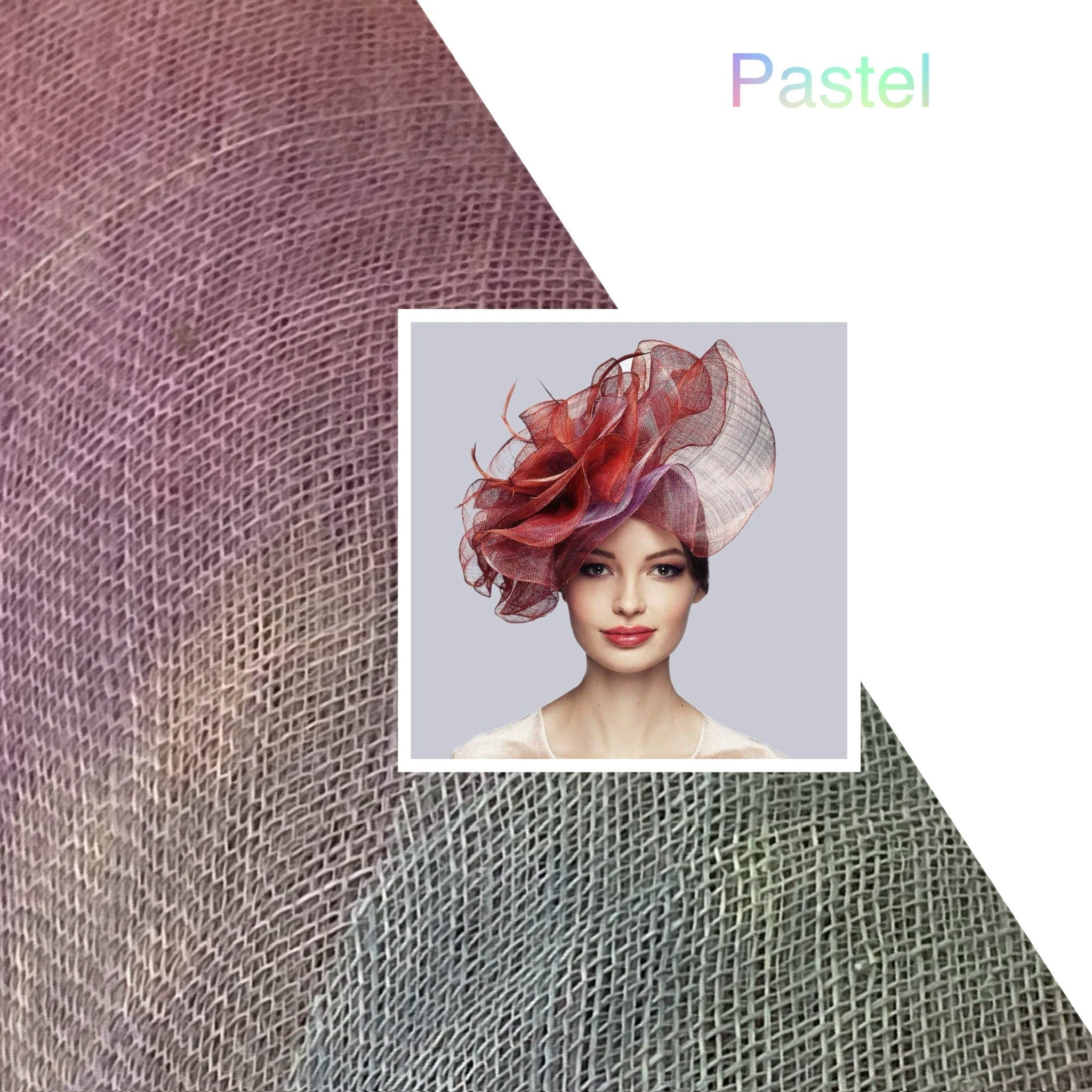 Red and purple fascinator with a large floral design. The image is set against a backdrop of woven fabric in shades of purple, gray, and green.