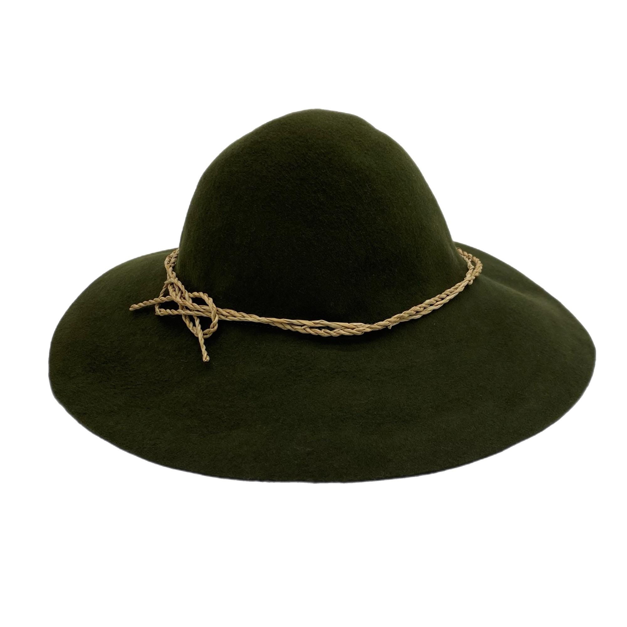 A wide-brimmed, dark green hillbilly hat with a braided tan rope trim around the crown.