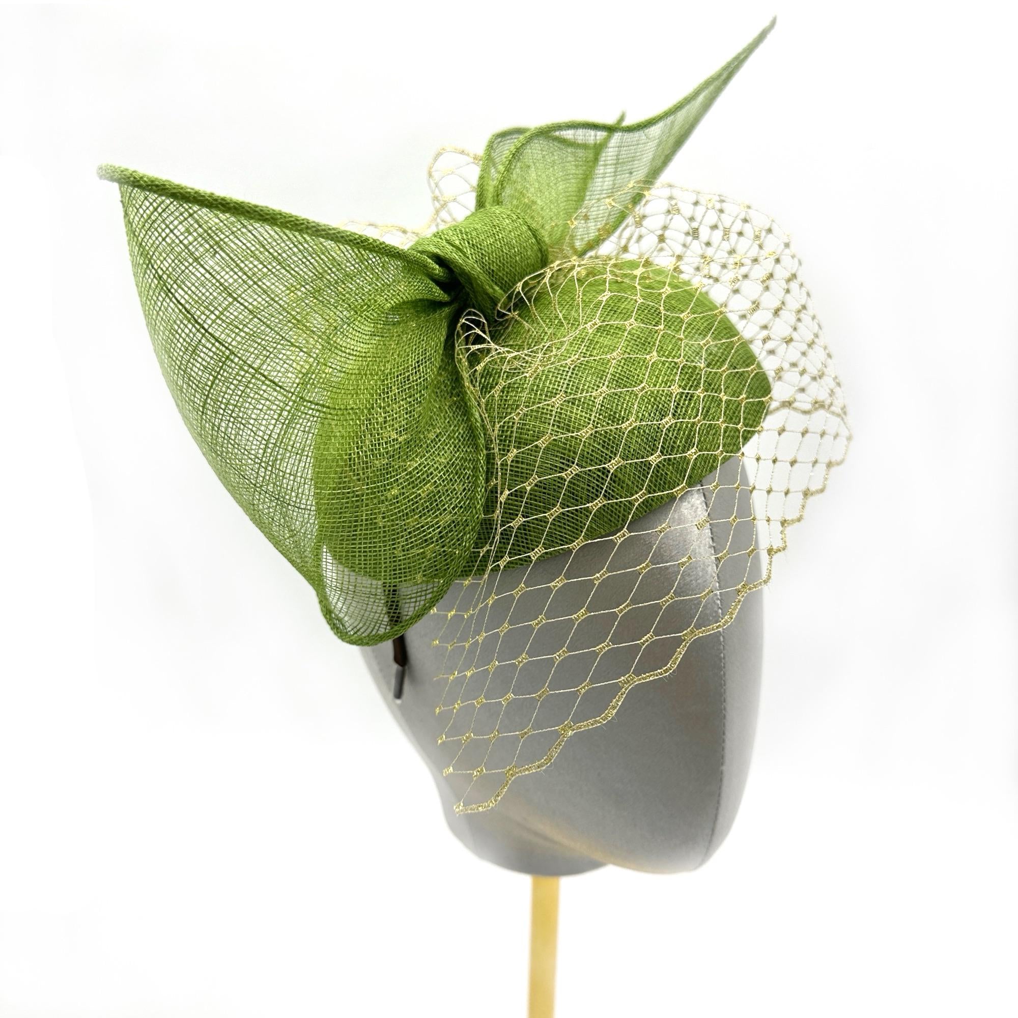 Green Fascinator Hat with Bow & Veil Derby Wedding Tea Party Headwear