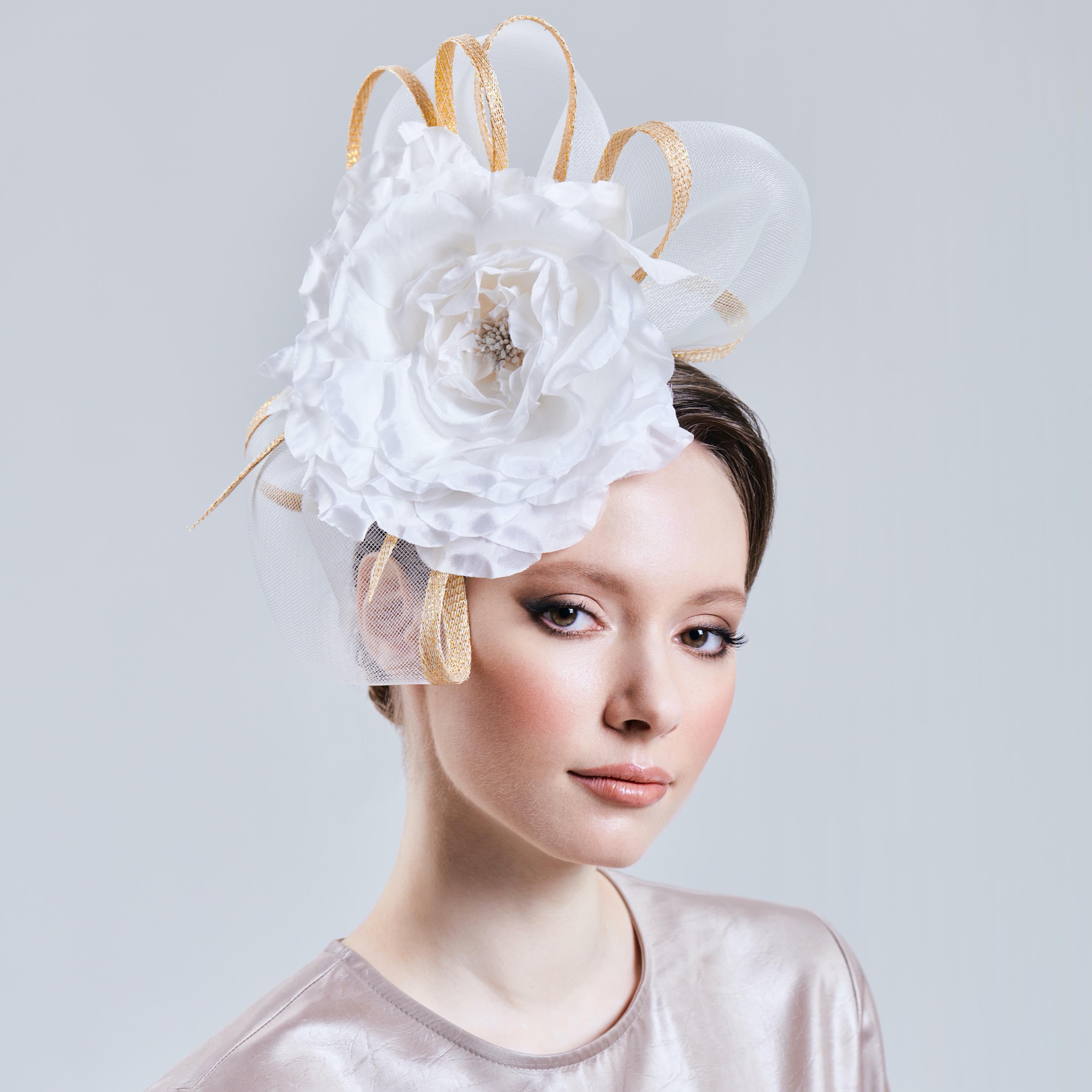 White and Gold Derby Fascinator Hat Wedding Headwear
