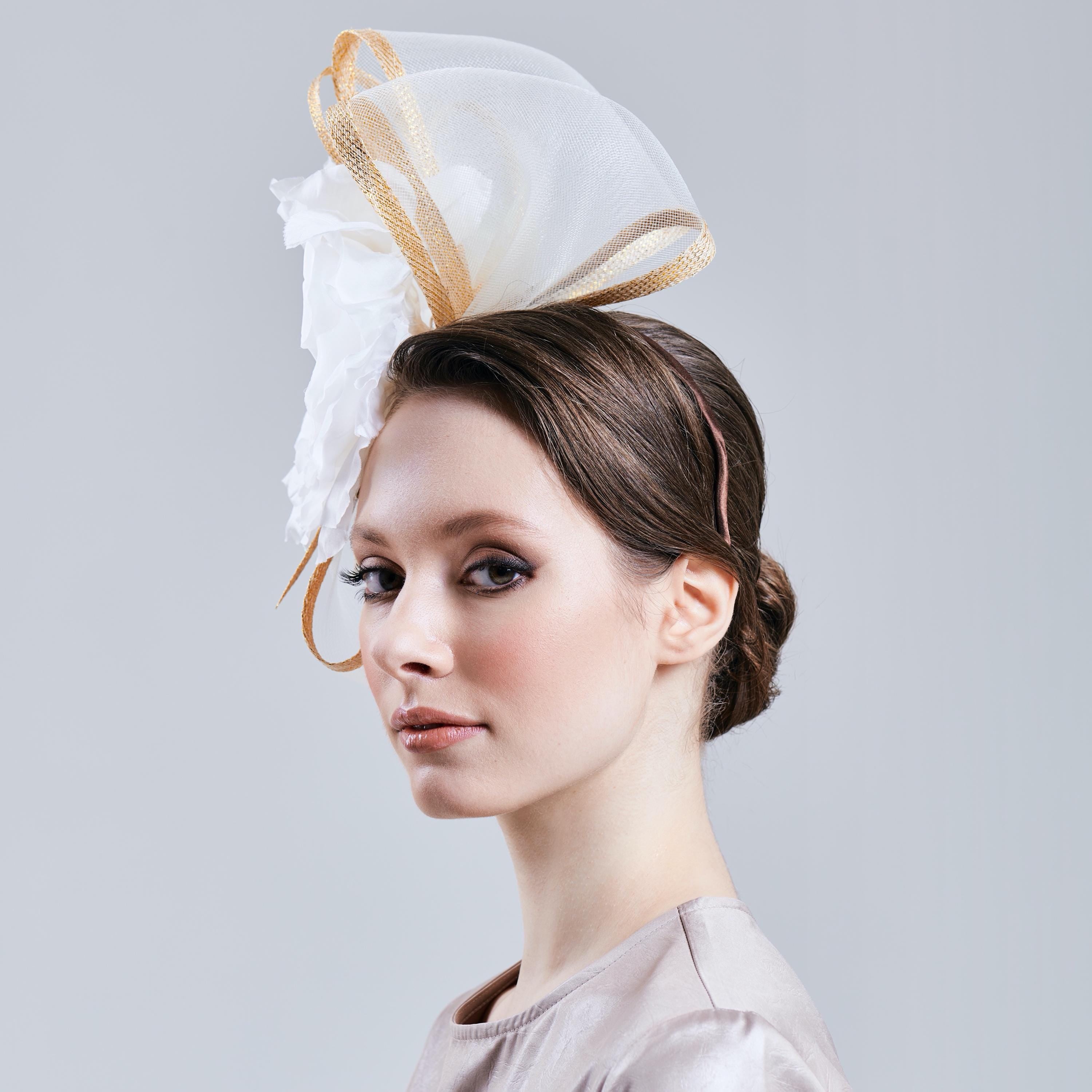 White and Gold Derby Fascinator Hat Wedding Headwear