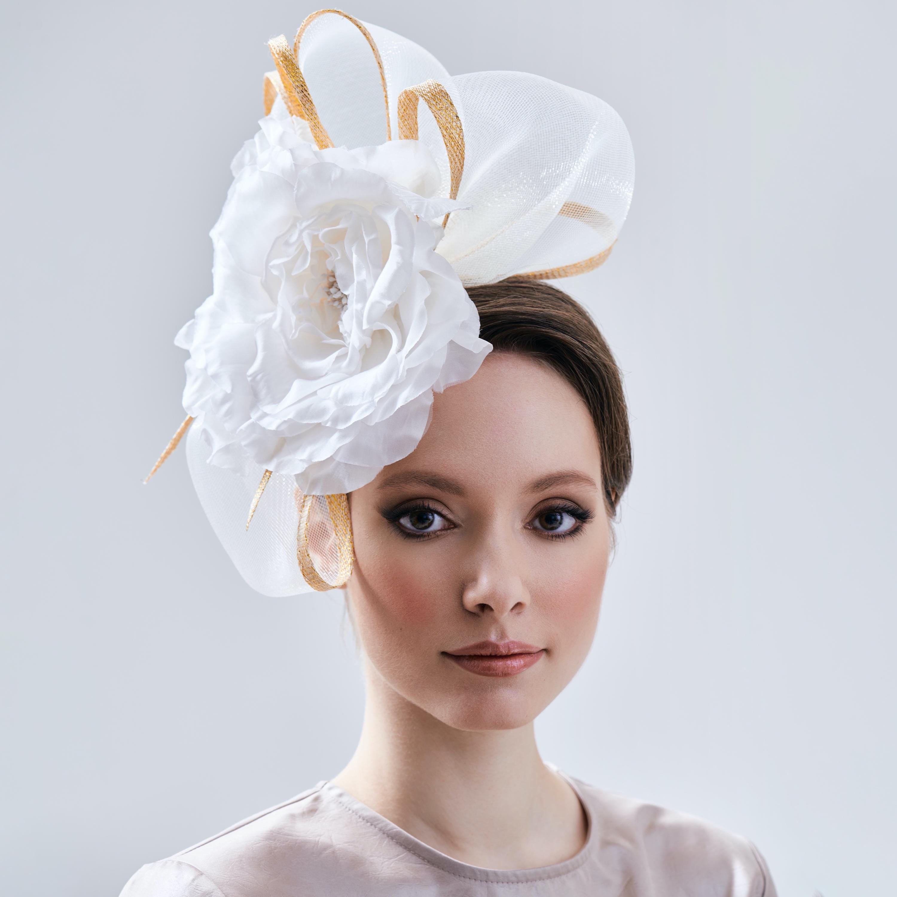 White and Gold Derby Fascinator Hat Wedding Headwear
