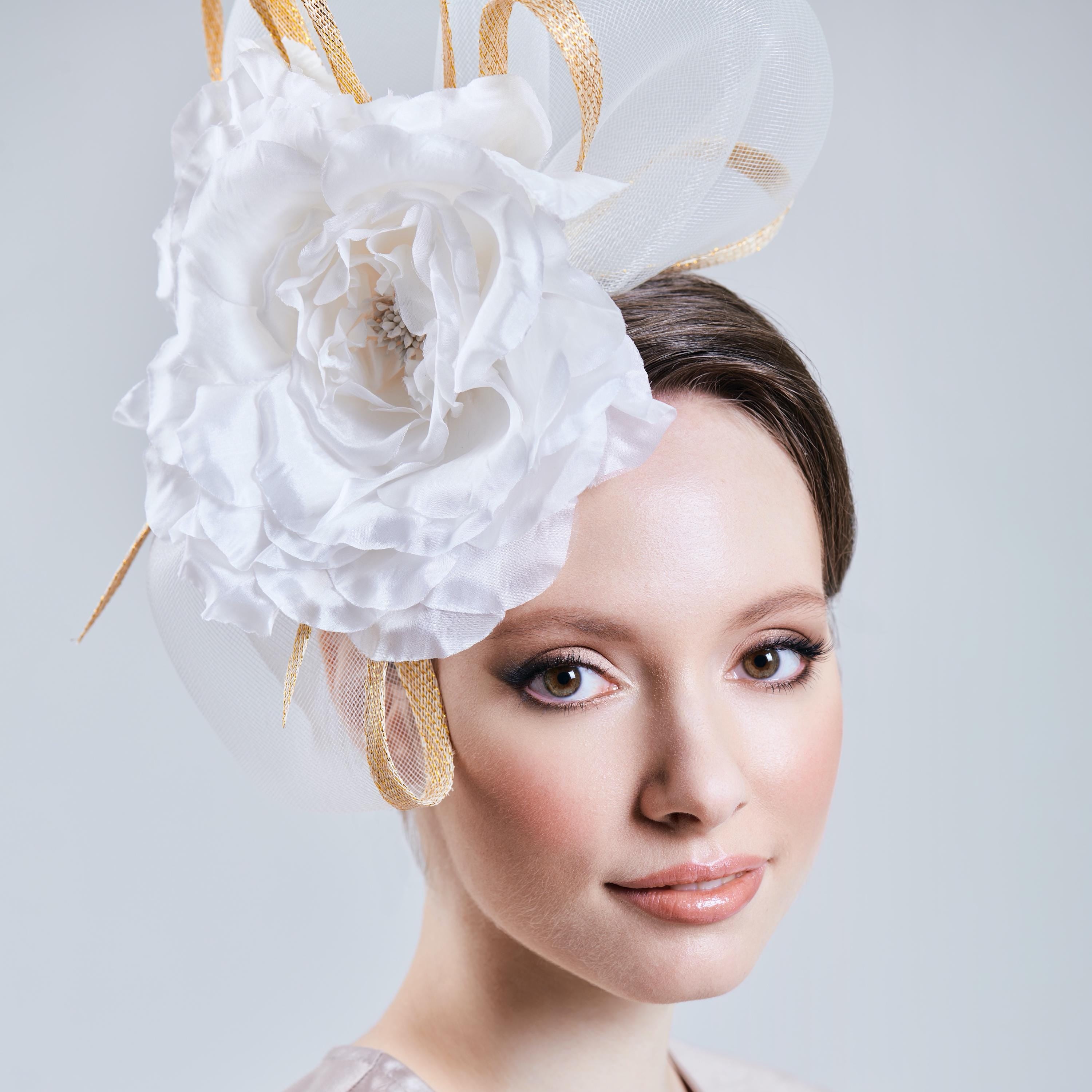 White and Gold Derby Fascinator Hat Wedding Headwear