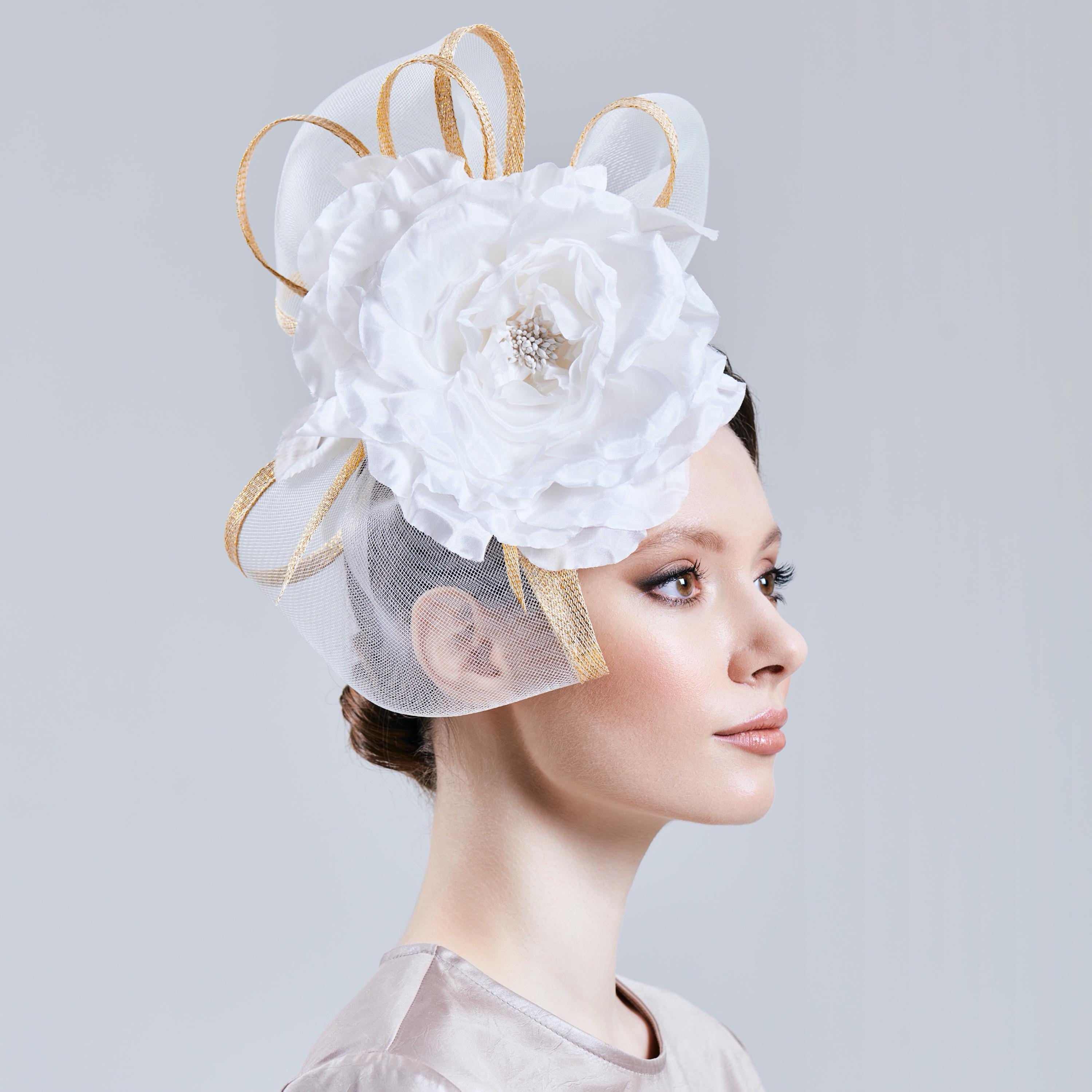 White and Gold Derby Fascinator Hat Wedding Headwear