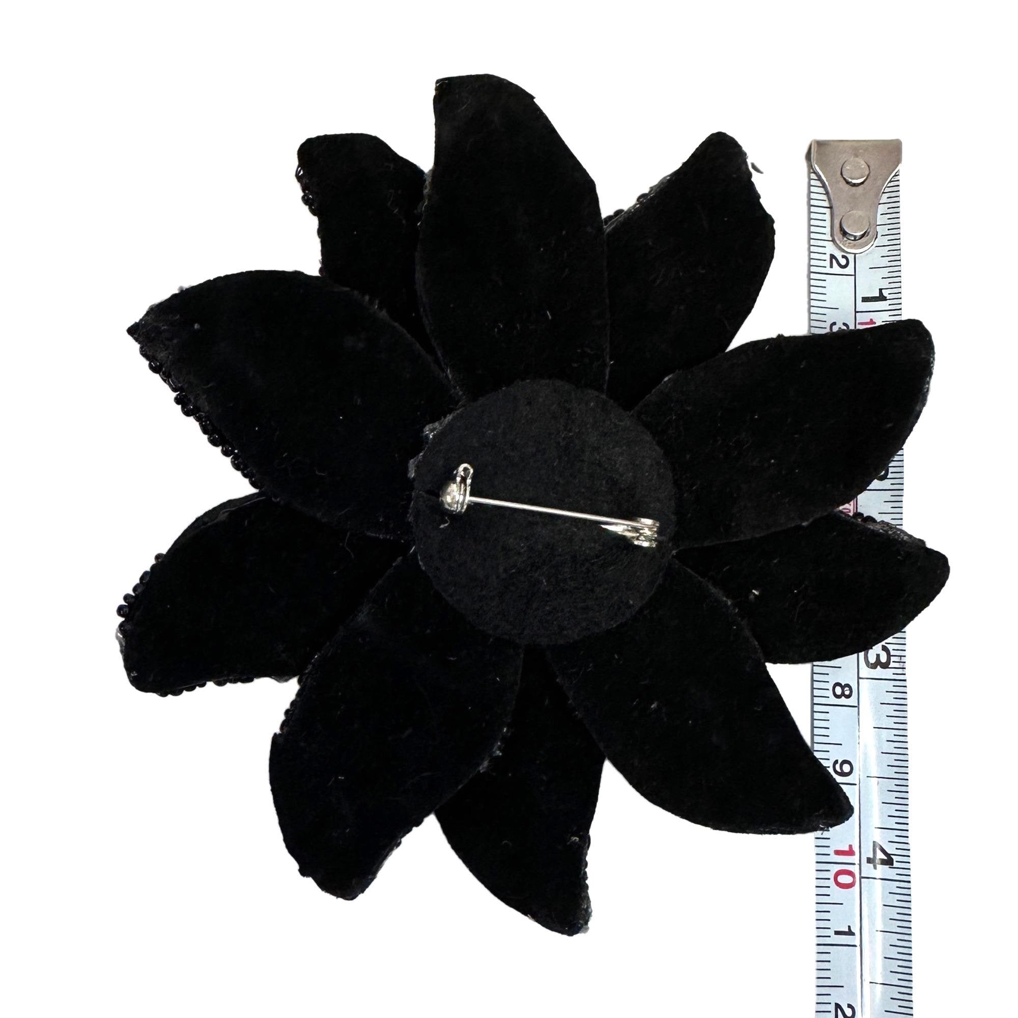 Black Sequin Flower Brooch – Beaded Appliqué for Hats & Costumes – Millinery Trim with Pin Back – Large Statement Floral Pin