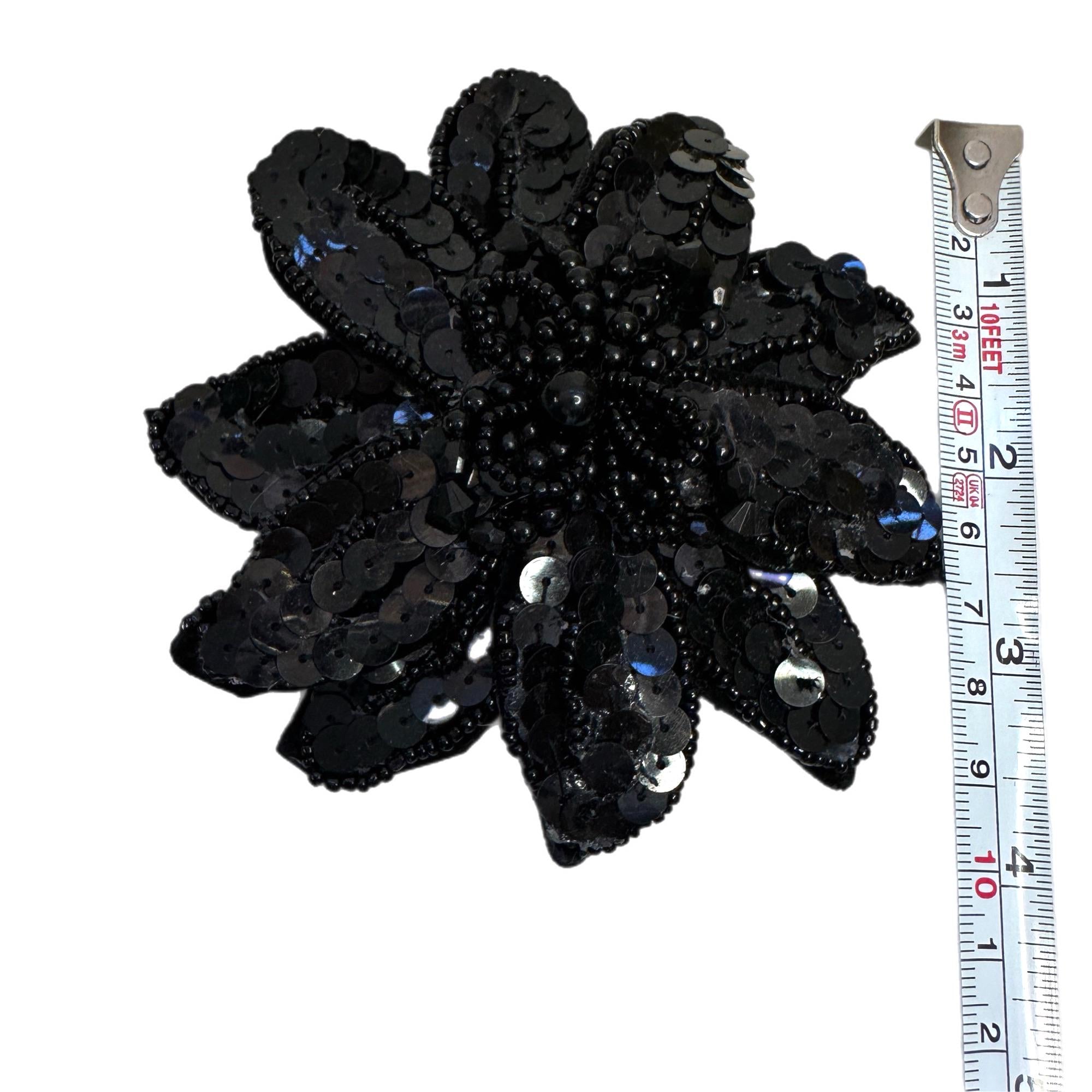 Black Sequin Flower Brooch – Beaded Appliqué for Hats & Costumes – Millinery Trim with Pin Back – Large Statement Floral Pin