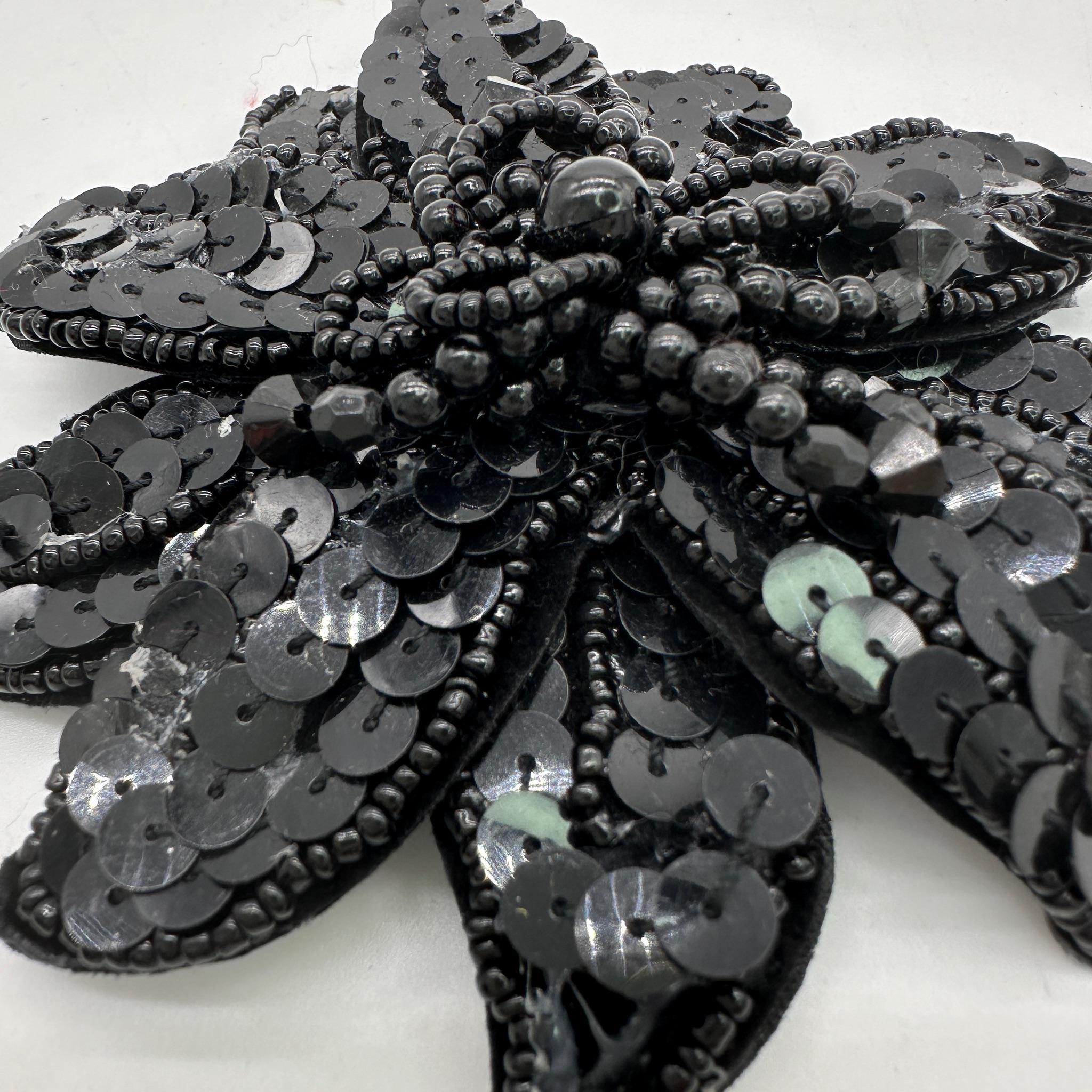 Black Sequin Flower Brooch – Beaded Appliqué for Hats & Costumes – Millinery Trim with Pin Back – Large Statement Floral Pin