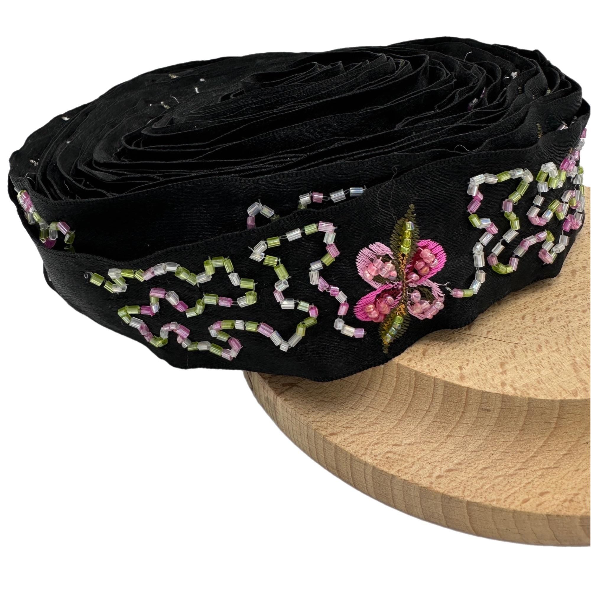 Antique Style Beaded Trim Black Ribbon with Bugle Beads Butterfly Millinery Historical Costume Supply