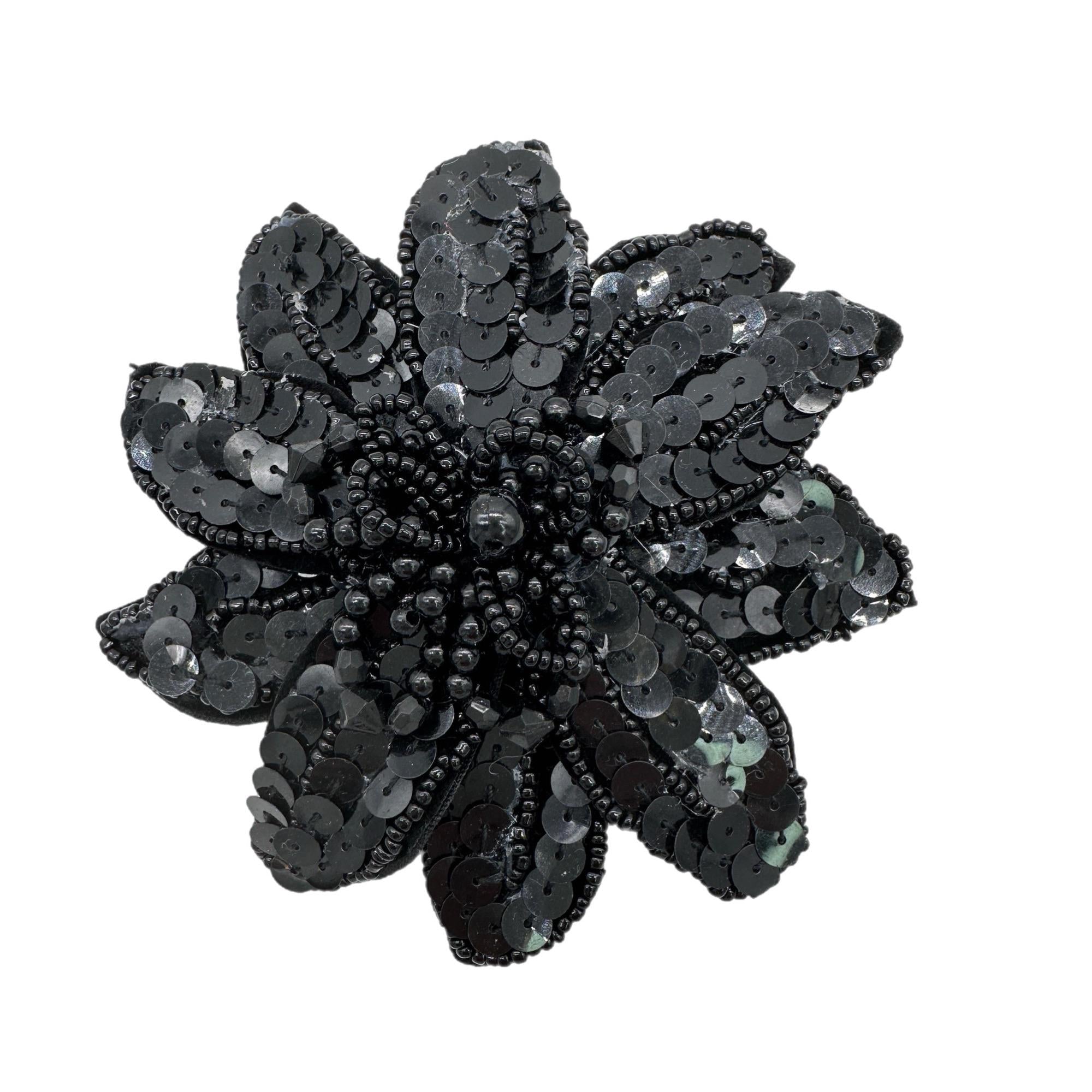 Black Sequin Flower Brooch – Beaded Appliqué for Hats & Costumes – Millinery Trim with Pin Back – Large Statement Floral Pin