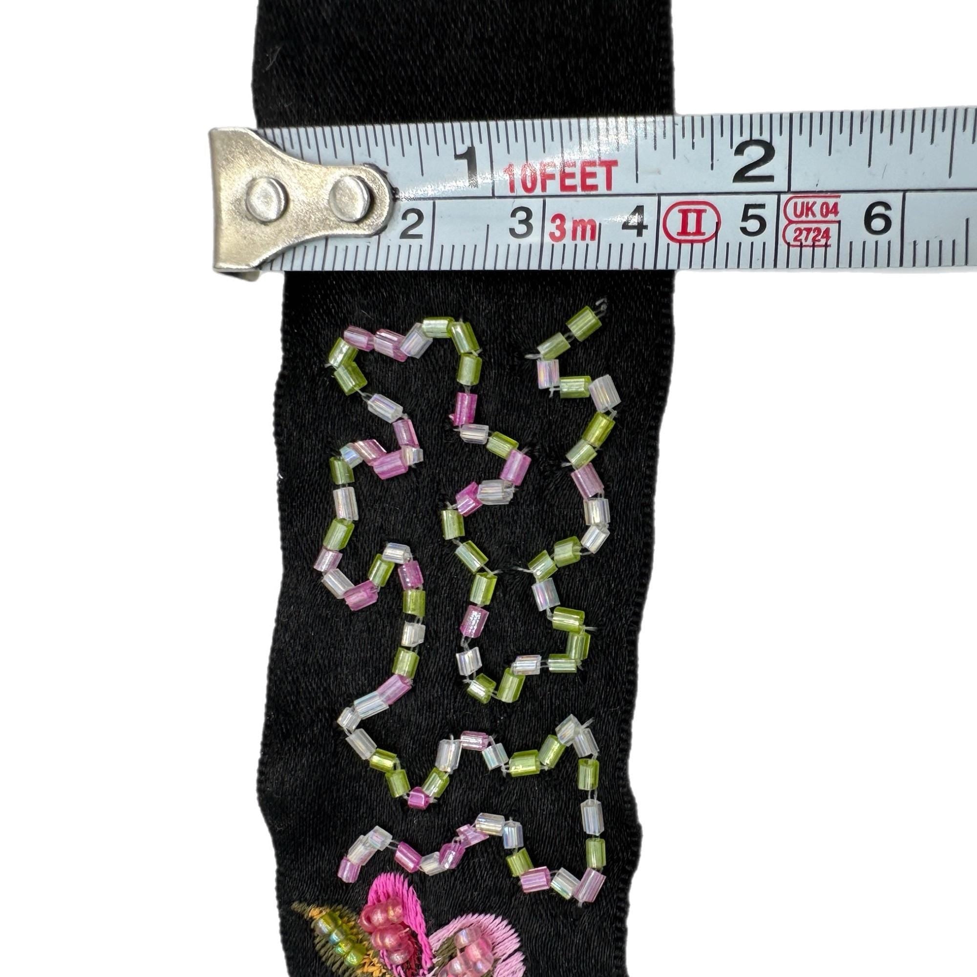 Antique Style Beaded Trim Black Ribbon with Bugle Beads Butterfly Millinery Historical Costume Supply