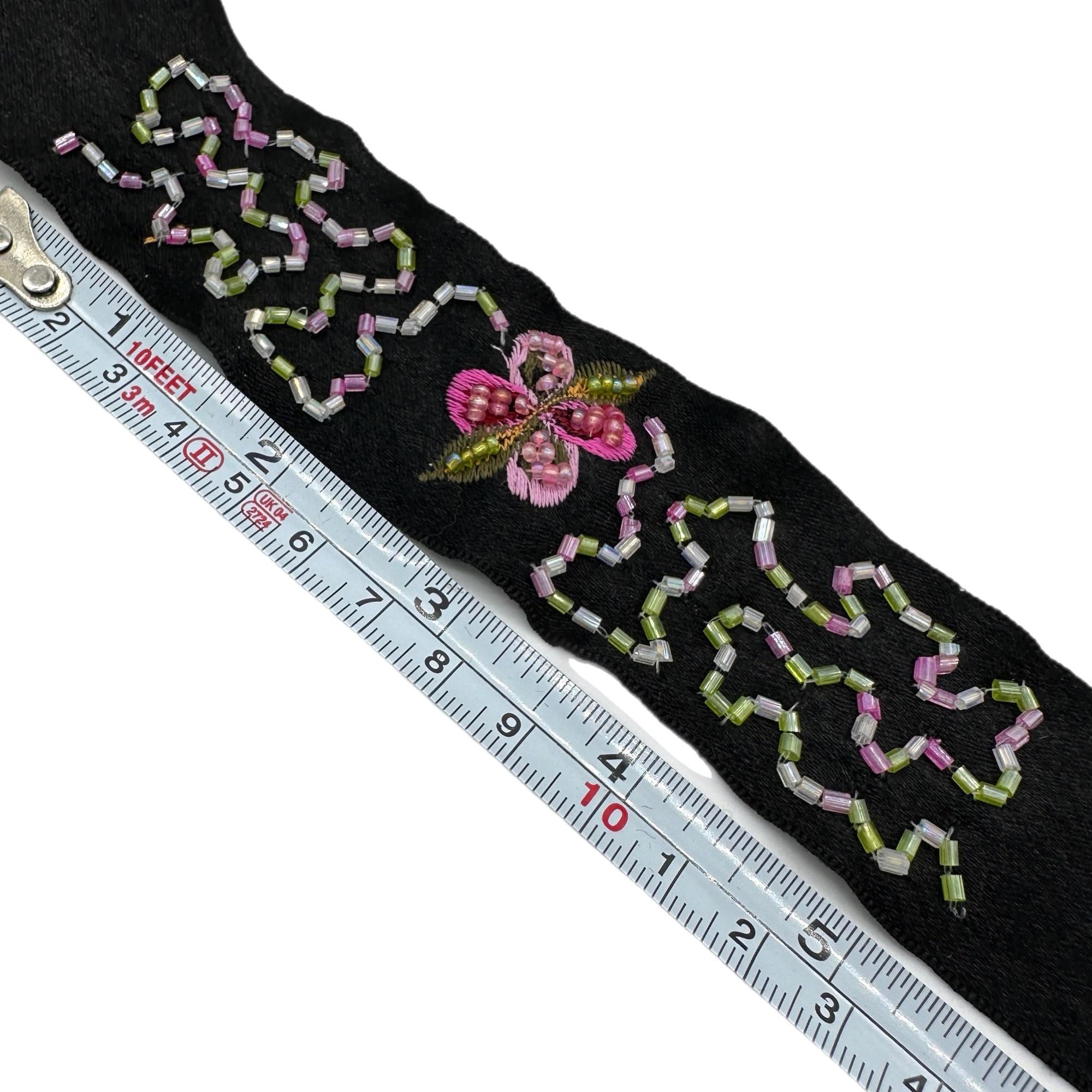 Antique Style Beaded Trim Black Ribbon with Bugle Beads Butterfly Millinery Historical Costume Supply