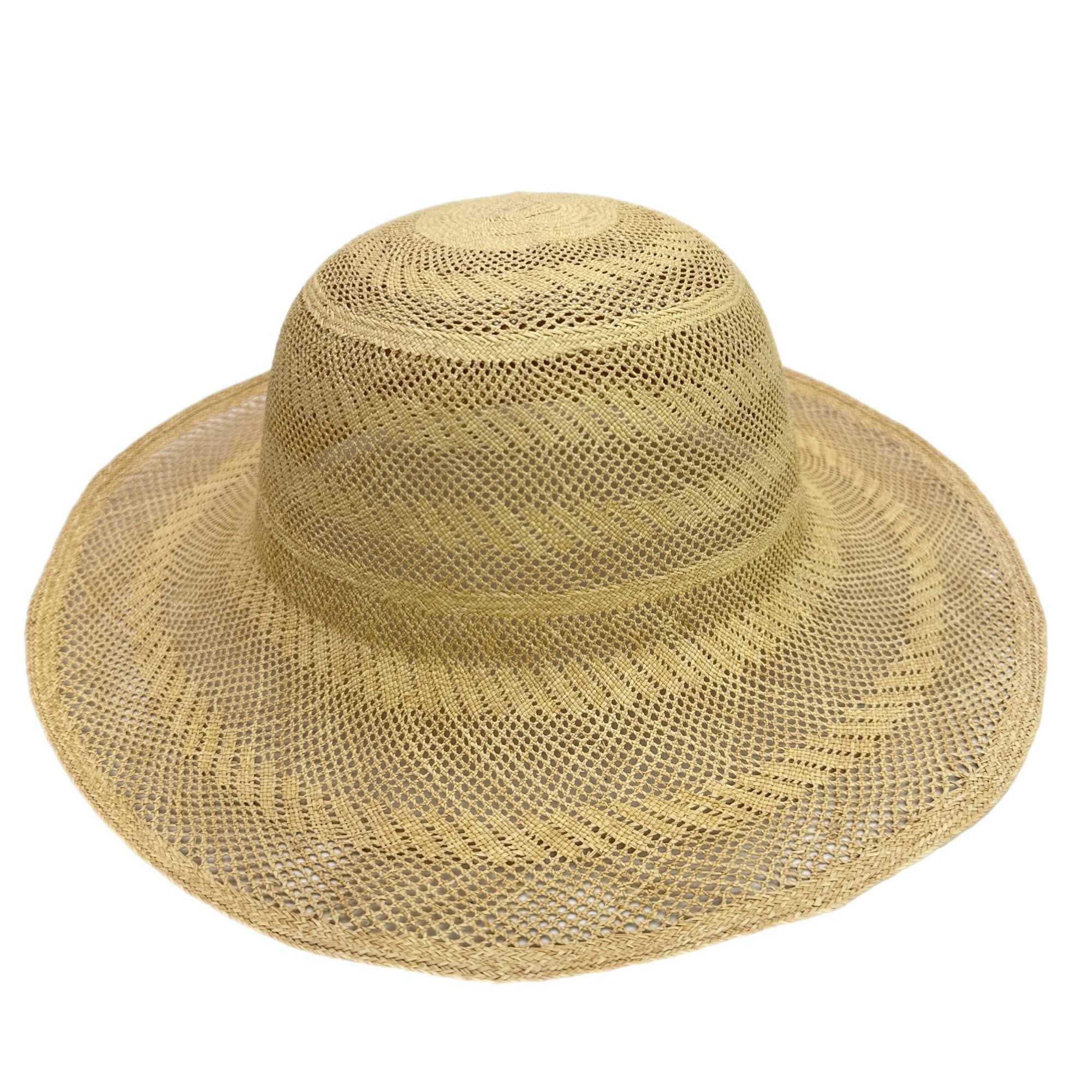 Beige Panama hat body with a wide brim and a rounded crown.