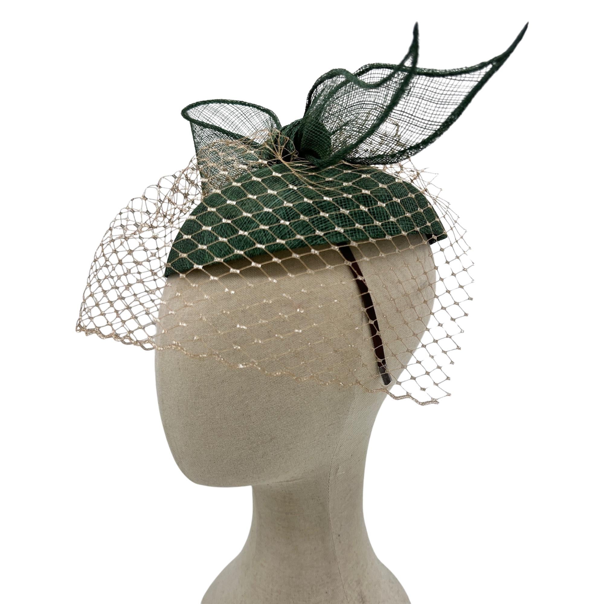 Dark Green Fascinator Hat with Bow & Veil Derby Wedding Tea Party Headwear