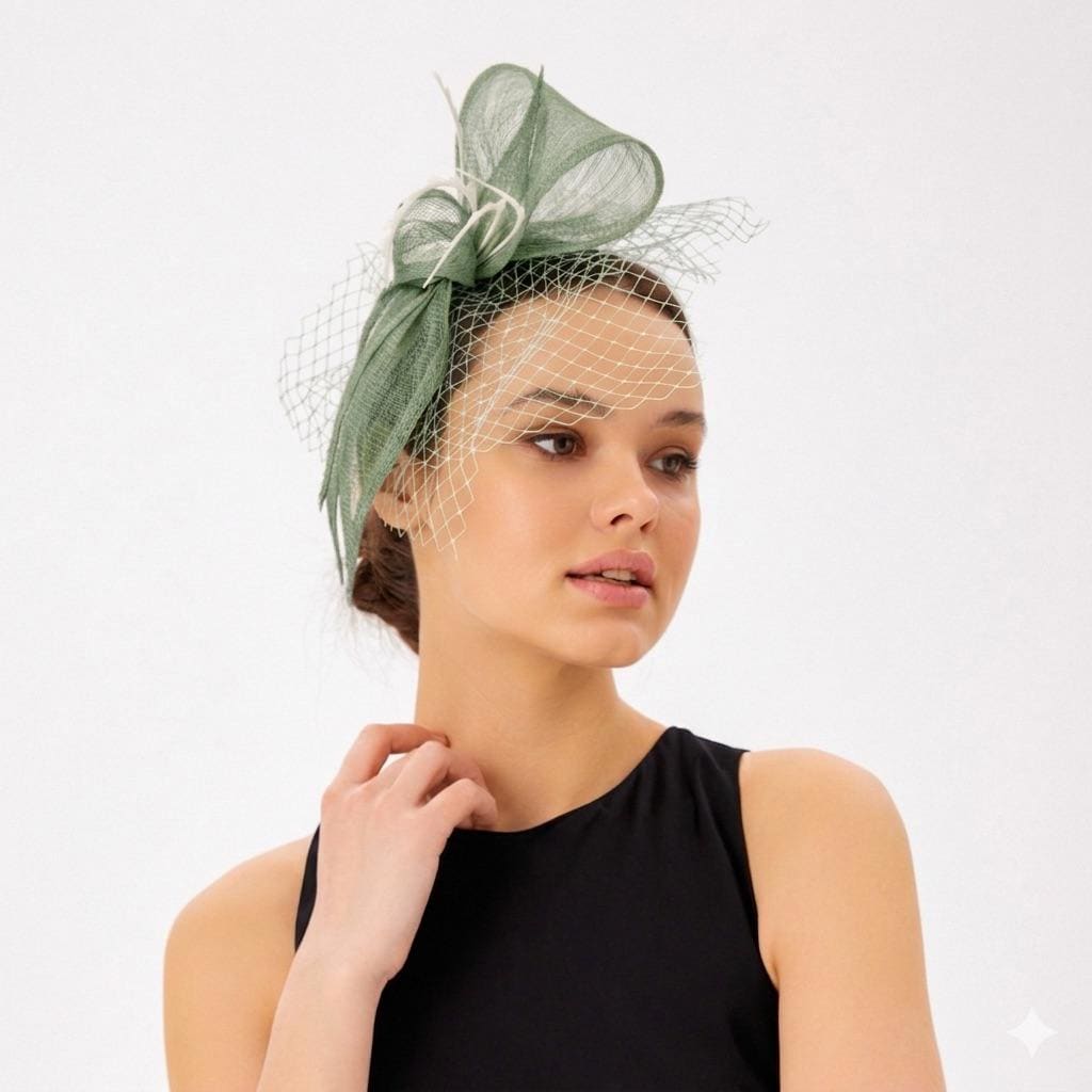 Green Bow Fascinator Hat with Veil and Feathers Derby Coctail Headwear