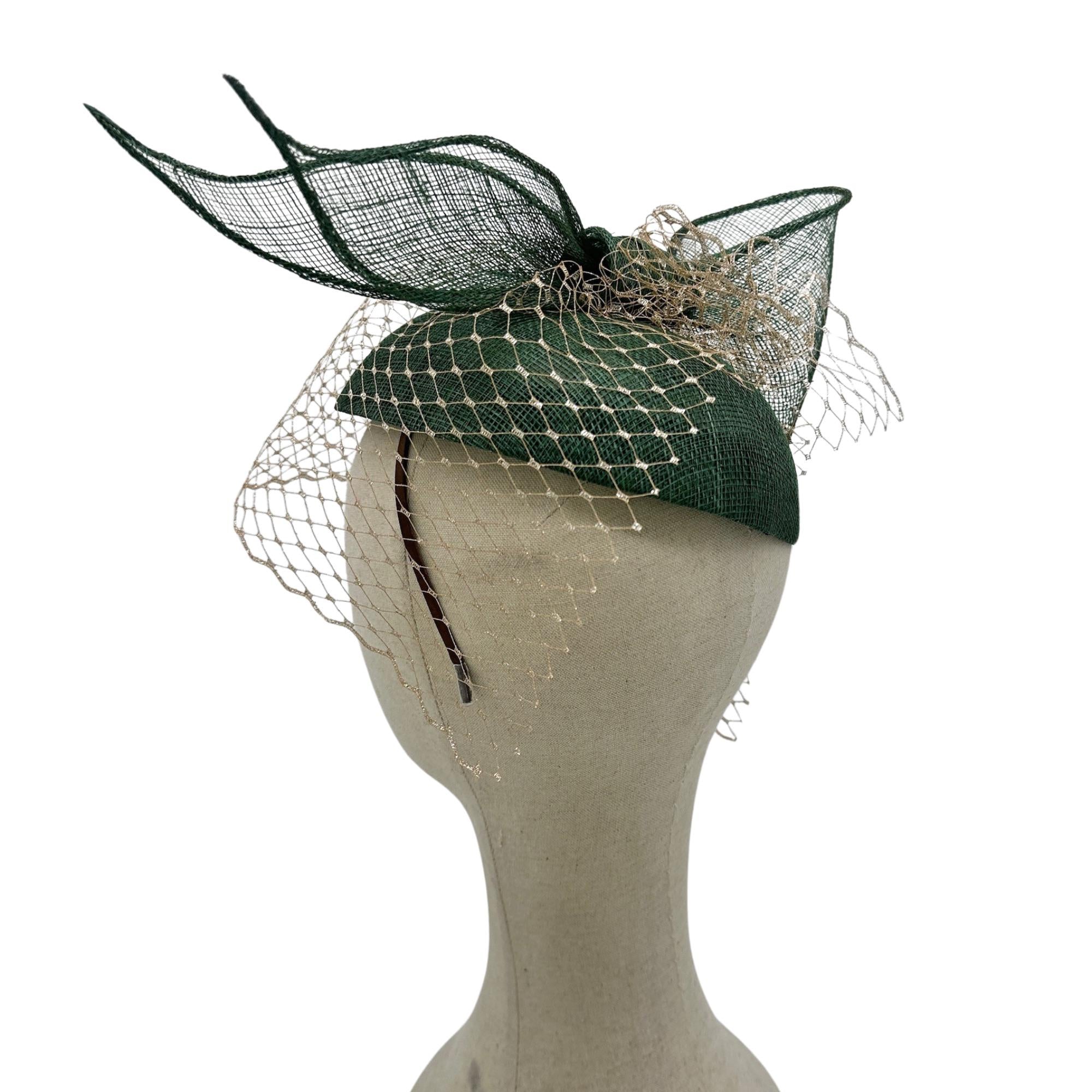 Dark Green Fascinator Hat with Bow & Veil Derby Wedding Tea Party Headwear