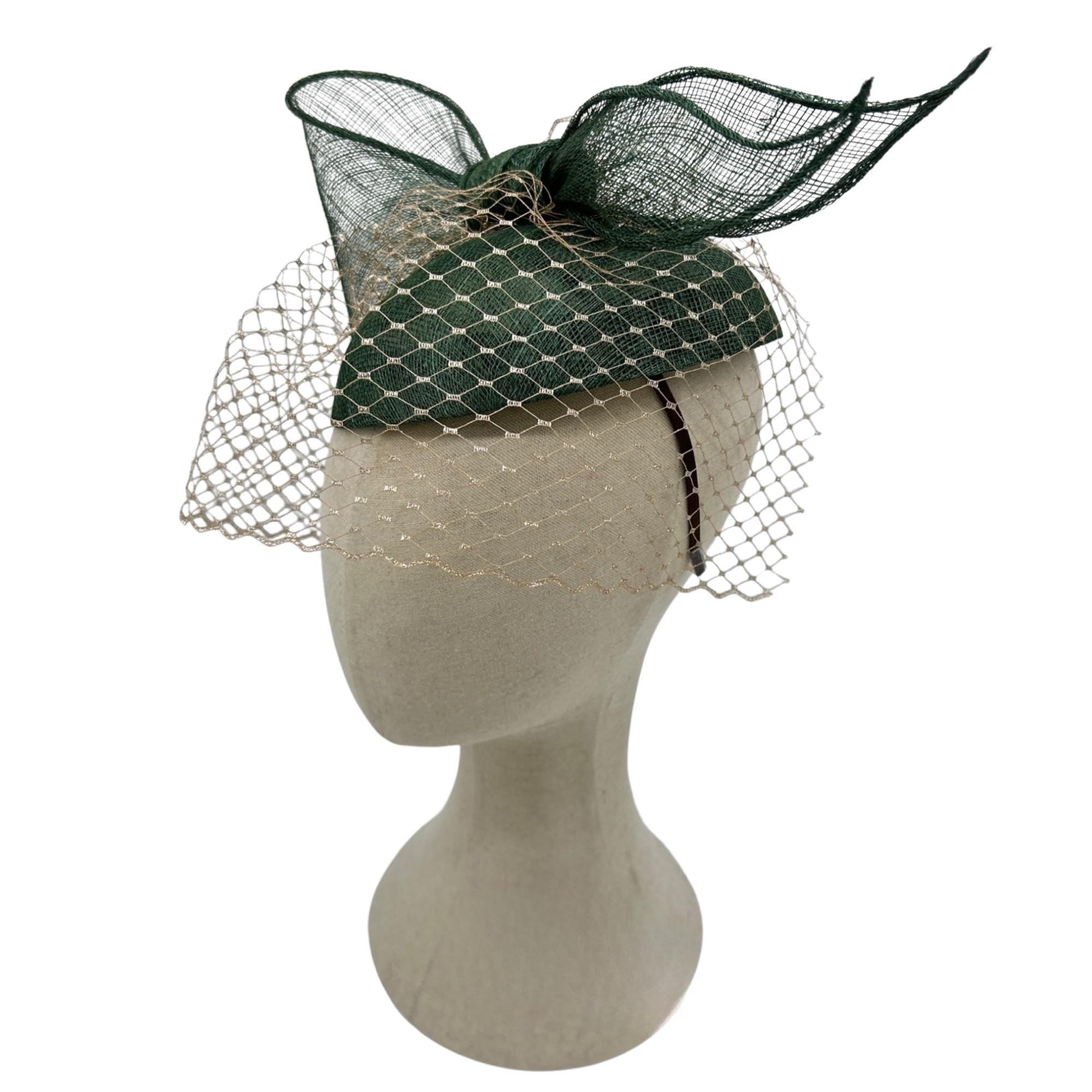 Dark Green Fascinator Hat with Bow & Veil Derby Wedding Tea Party Headwear