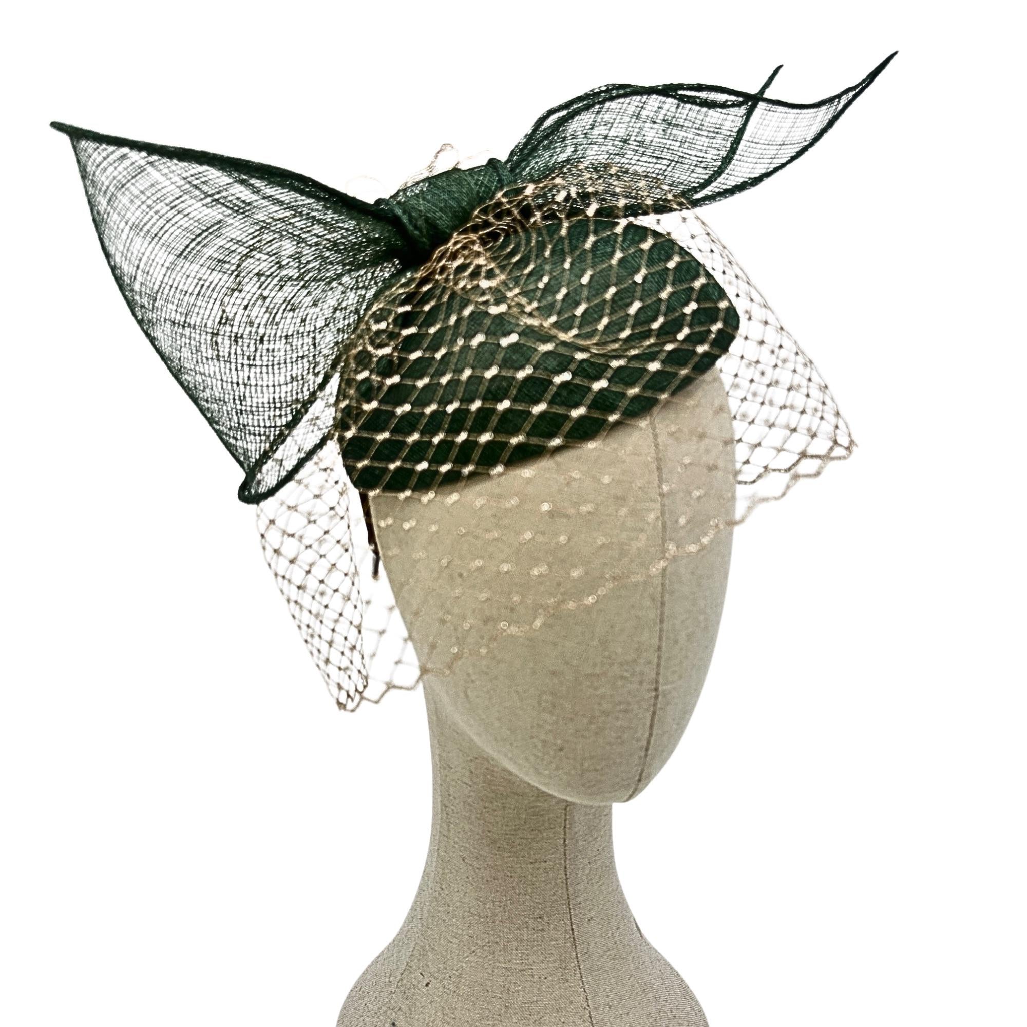 Dark Green Fascinator Hat with Bow & Veil Derby Wedding Tea Party Headwear