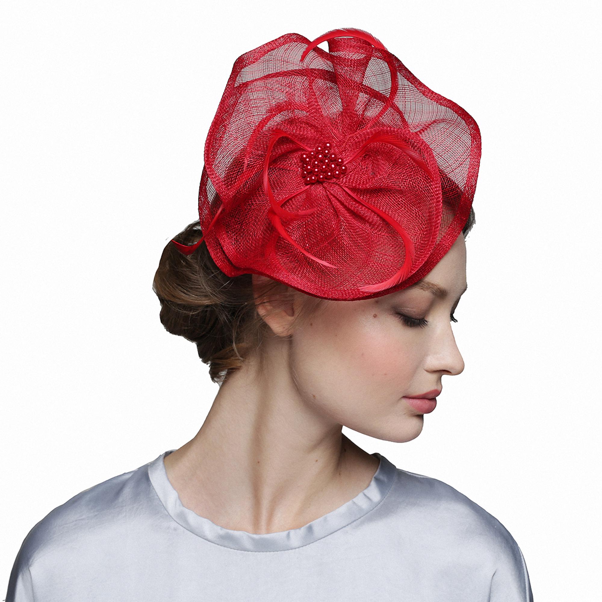 Red fascinator hat