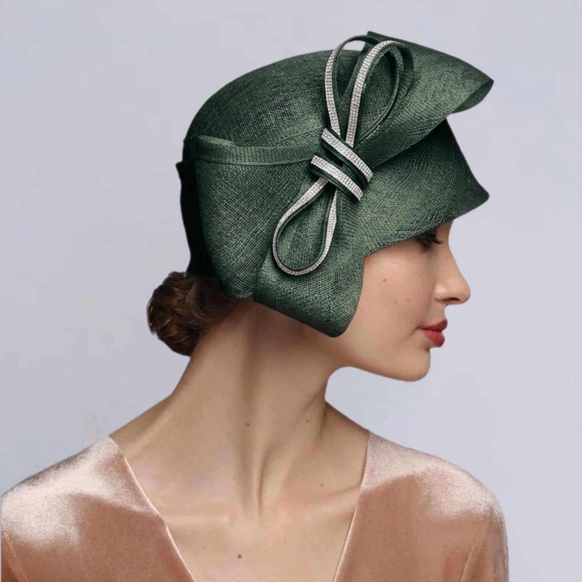 Green Derby Hat • Elegant Church Hat with Rhinestone Bow