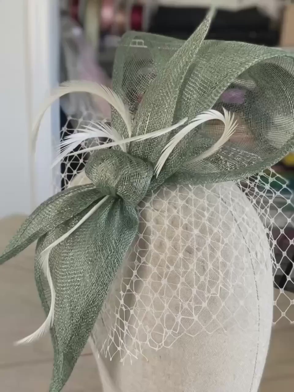 Green Bow Fascinator Hat with Veil and Feathers Derby Coctail Headwear