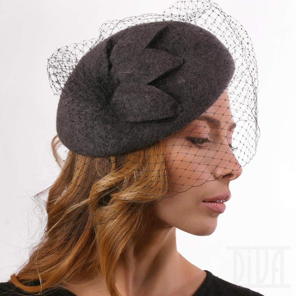 Small Wool Felt Beret With Veil Ladies Winter Hat - DivaHats Boutique