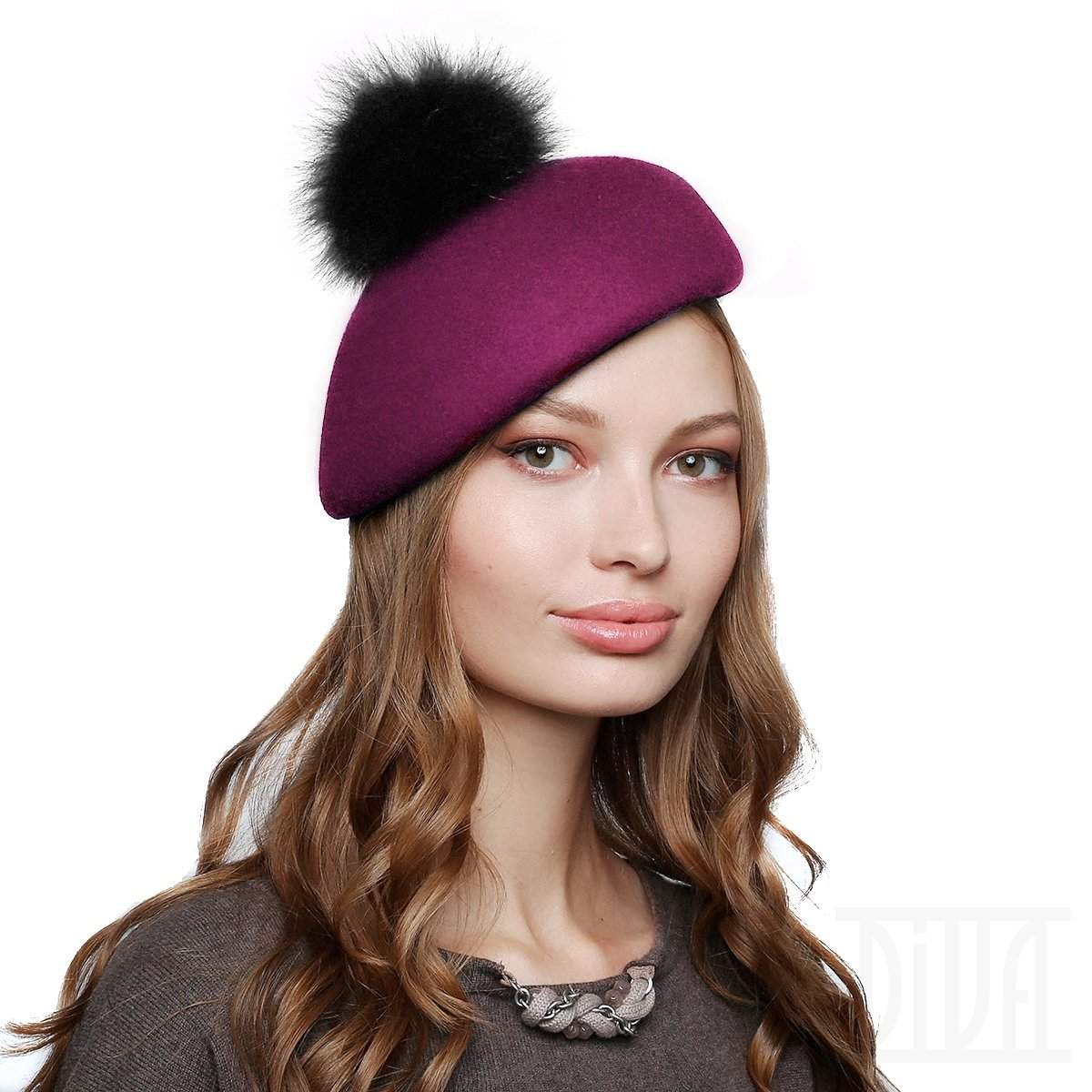 Women's Wool Beret With Fur Pom Pom - DivaHats Boutique
