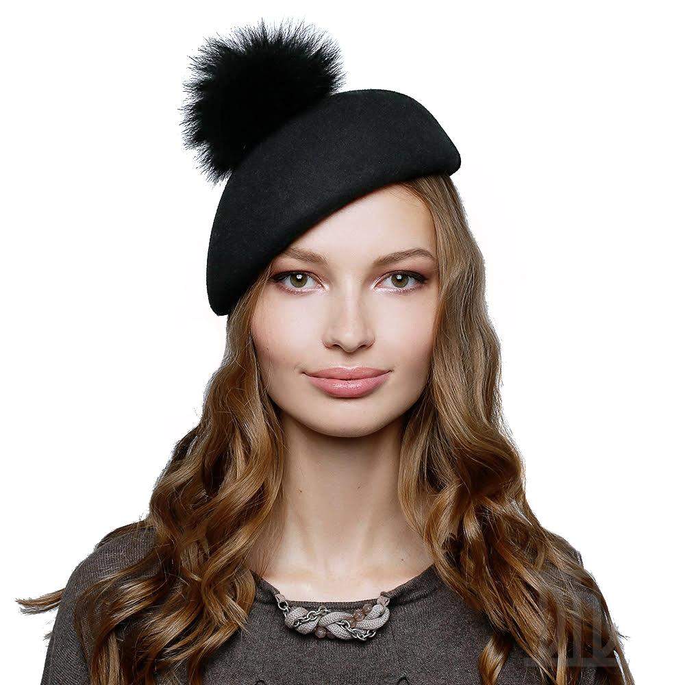 Women's Wool Beret With Fur Pom Pom - DivaHats Boutique