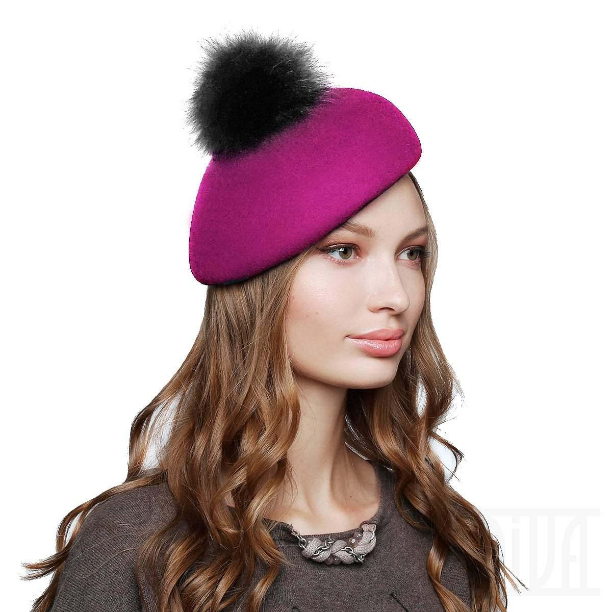 Women's Wool Beret With Fur Pom Pom - DivaHats Boutique