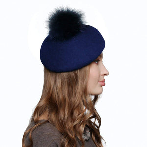 Women's Wool Beret With Fur Pom Pom - DivaHats Boutique