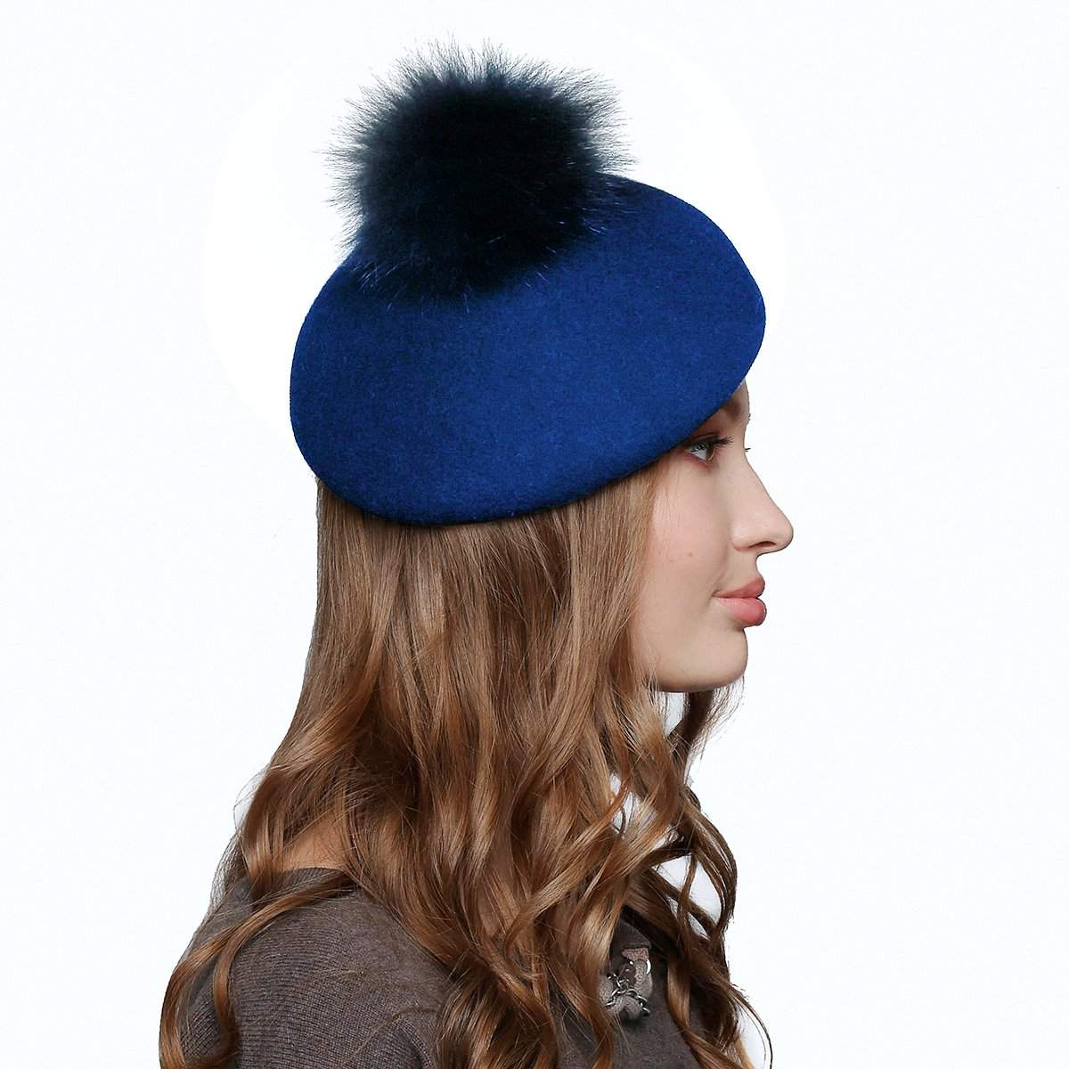 Women's Wool Beret With Fur Pom Pom - DivaHats Boutique
