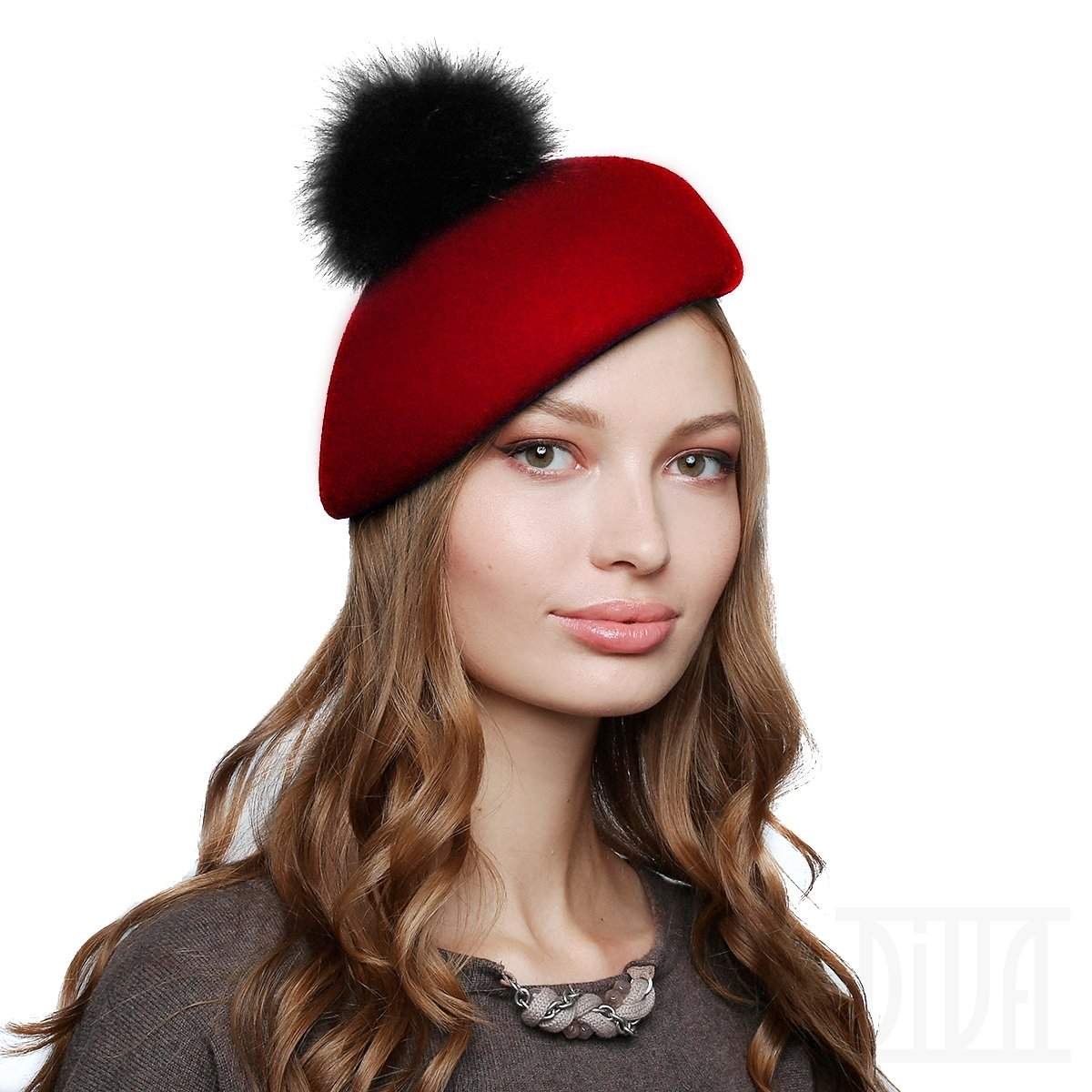 Women's Wool Beret With Fur Pom Pom - DivaHats Boutique