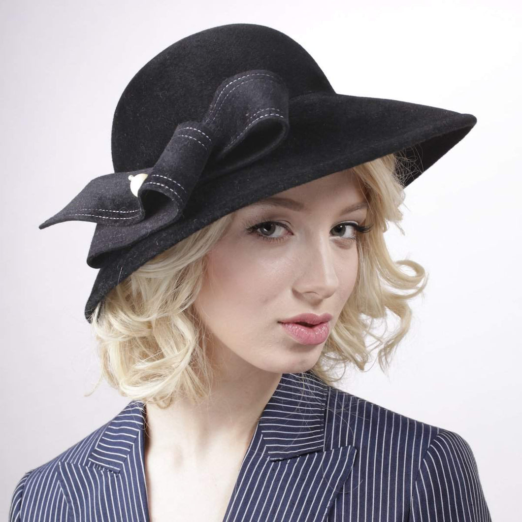 Women's black elegant wide-brim hat with white stitches  Fall Winter headwear - DivaHats Boutique