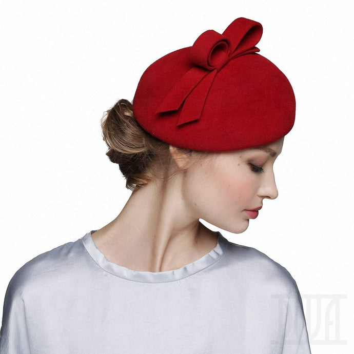 Small Fur Felt Red Beret With Bow Women's Winter Hat - DivaHats Boutique