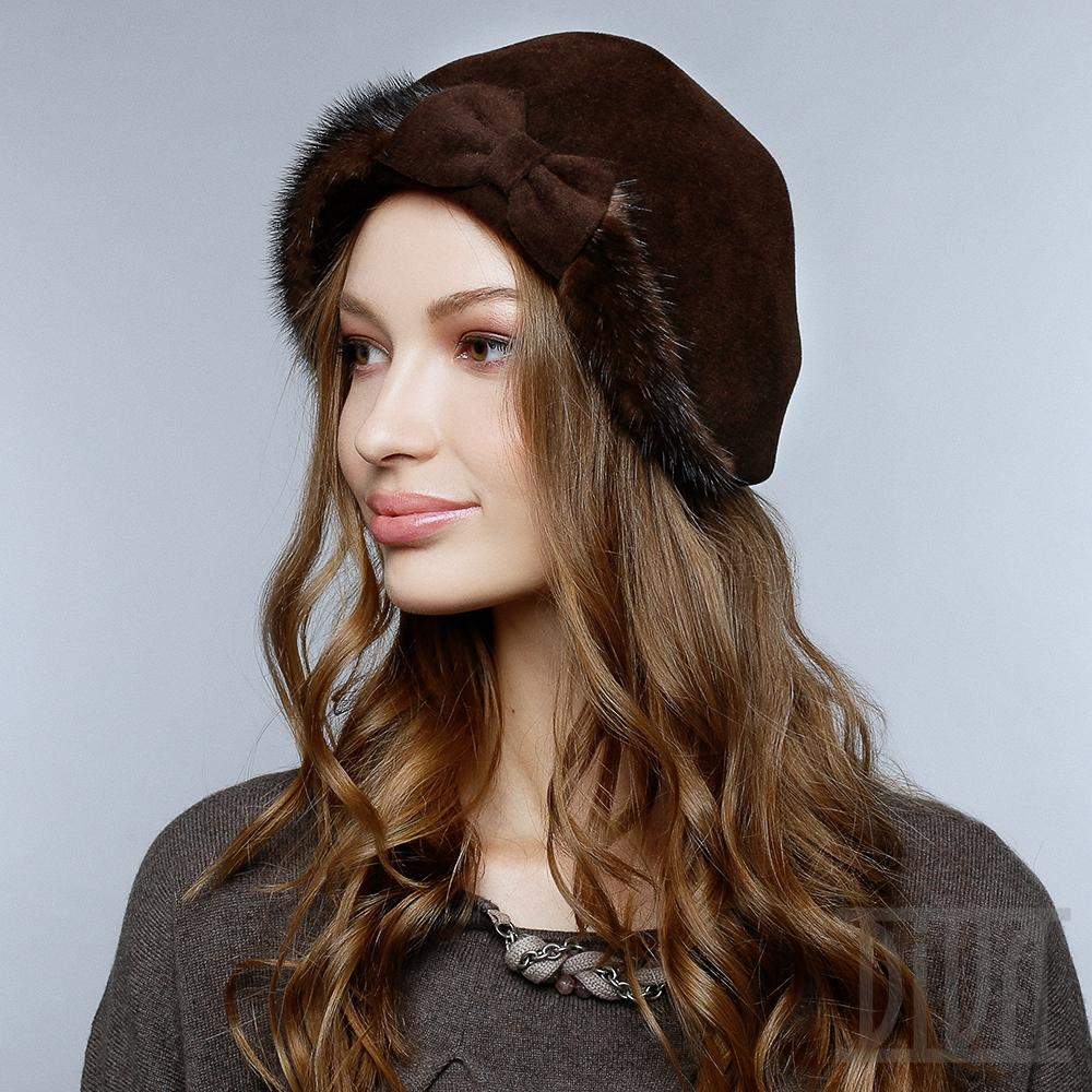 Velour fur hat  with bow and mink fur trim Ladies winter hat - DivaHats Boutique